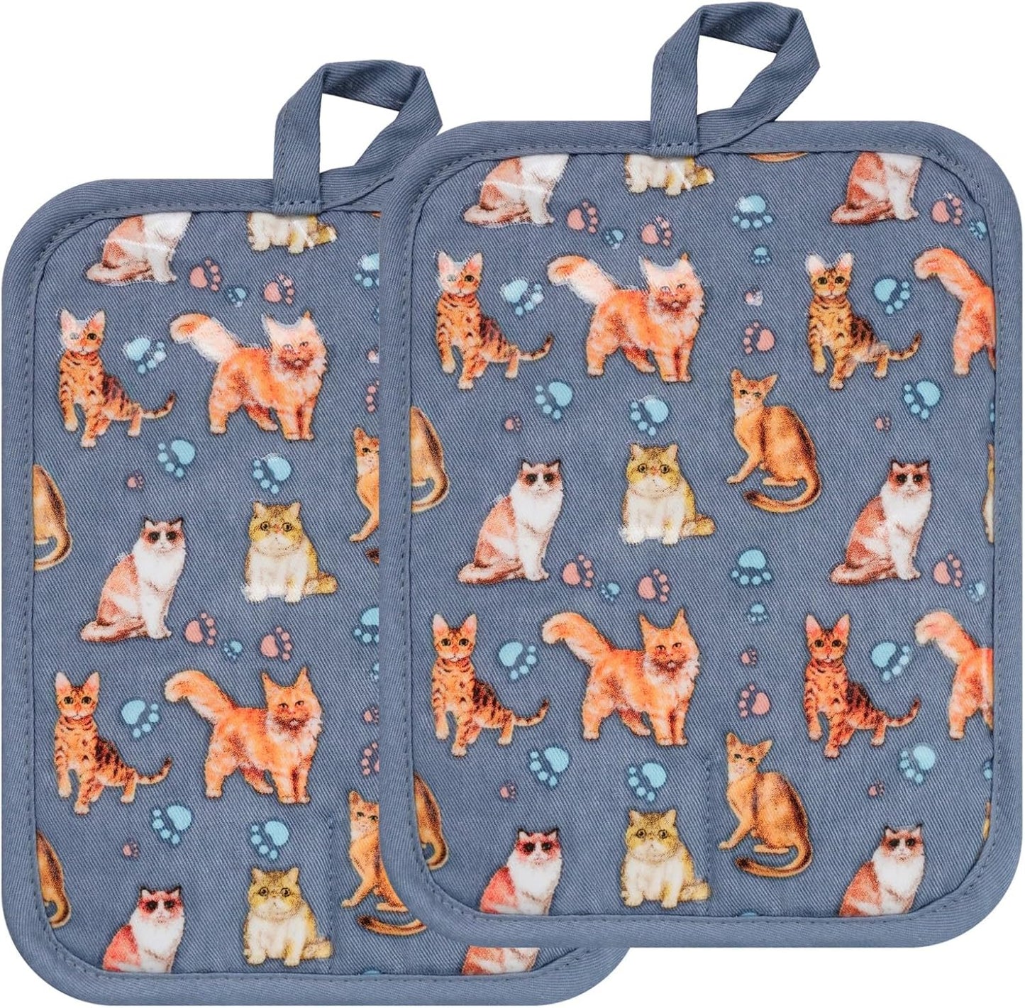 Pot Holders Set of 2 Heat Resistant 480 ℉Non Slip Clear Silicone Printed Comfortable Cotton Lining Kitchen Women Men Cooking Baking Microwave Machine Washable (Cat, Blue potholders)