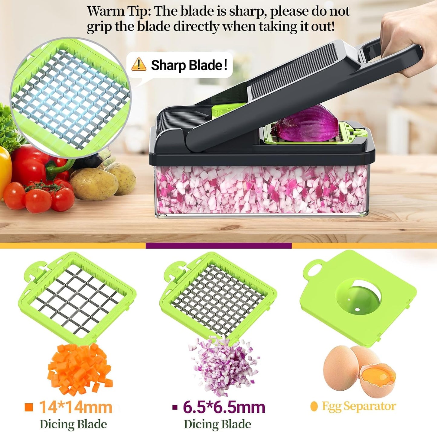 12-in-1 Vegetable Chopper, 7 Blades Veggie Chopper with Container and Lid, Dicer, Slicer, Multifunctional Kitchen Gadgets, Vegetable Cutter with Handle, Onion Cutter(Green/Grey)