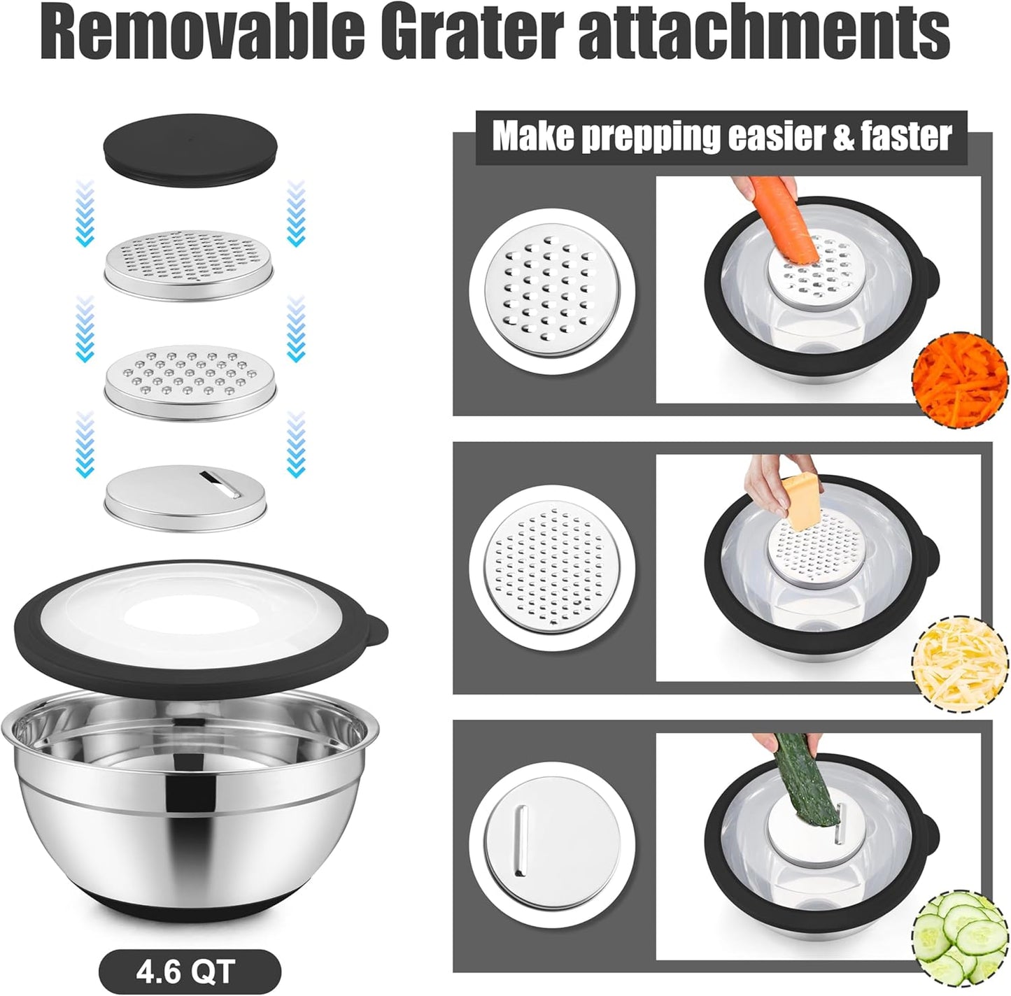 E-far Mixing Bowls with Lids Set, 15PCS Stainless Steel Mixing Nesting Bowl with Colander & 3 Metal Grater for Kitchen Prep/Baking/Storage, Non-Slip Bottom & Airtight Lid, 4.6, 3, 1.5, 1, 0.7QT, Black