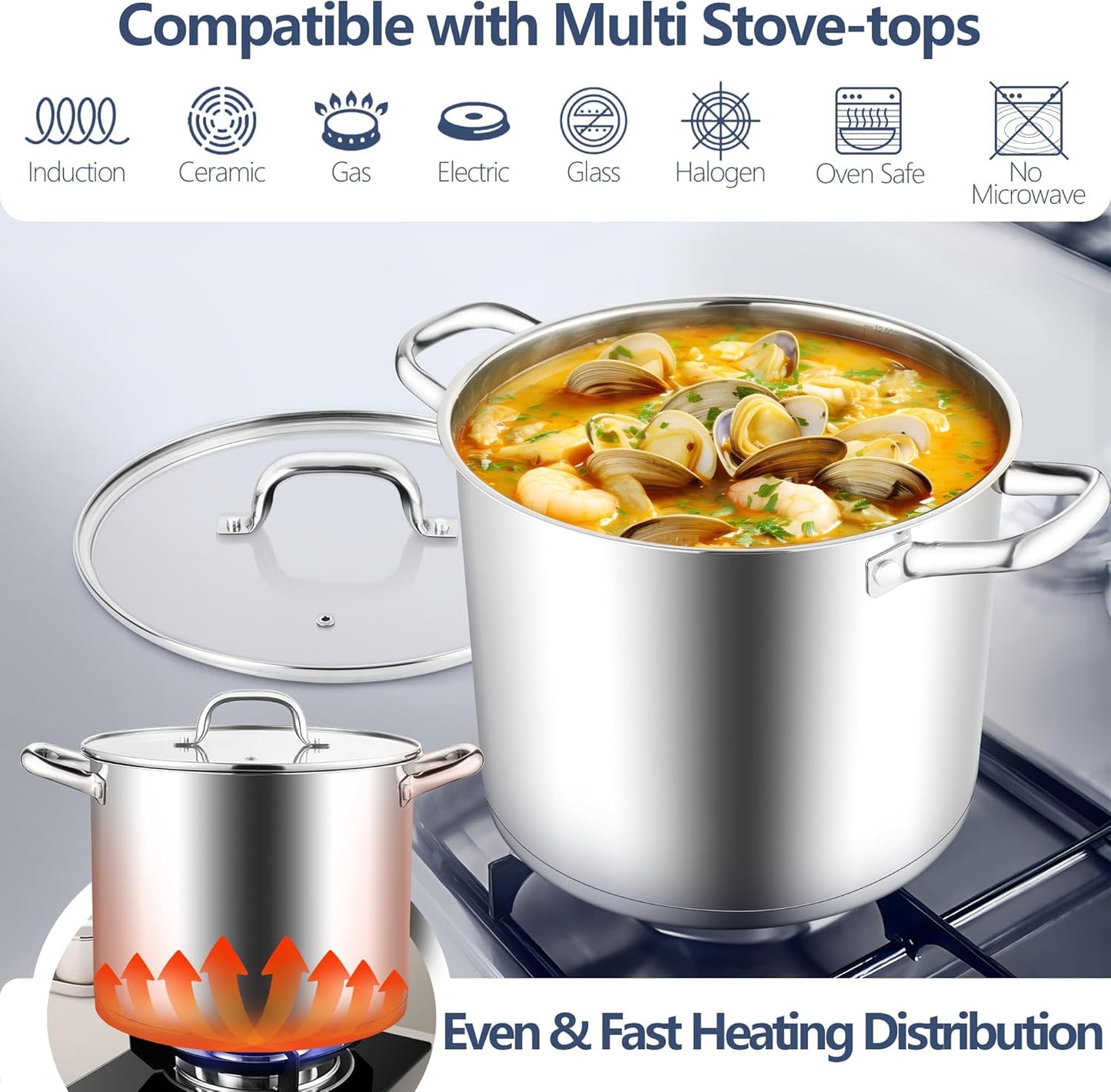 E-far 12 Quart Cooking Stock Pot, Large Stainless Steel Pot for Canning Simmering Stewing, Heavy Duty Cookware with Tri-ply Base for Induction Gas Stoves, Soup Pots with Glass Lid, Dishwasher Safe