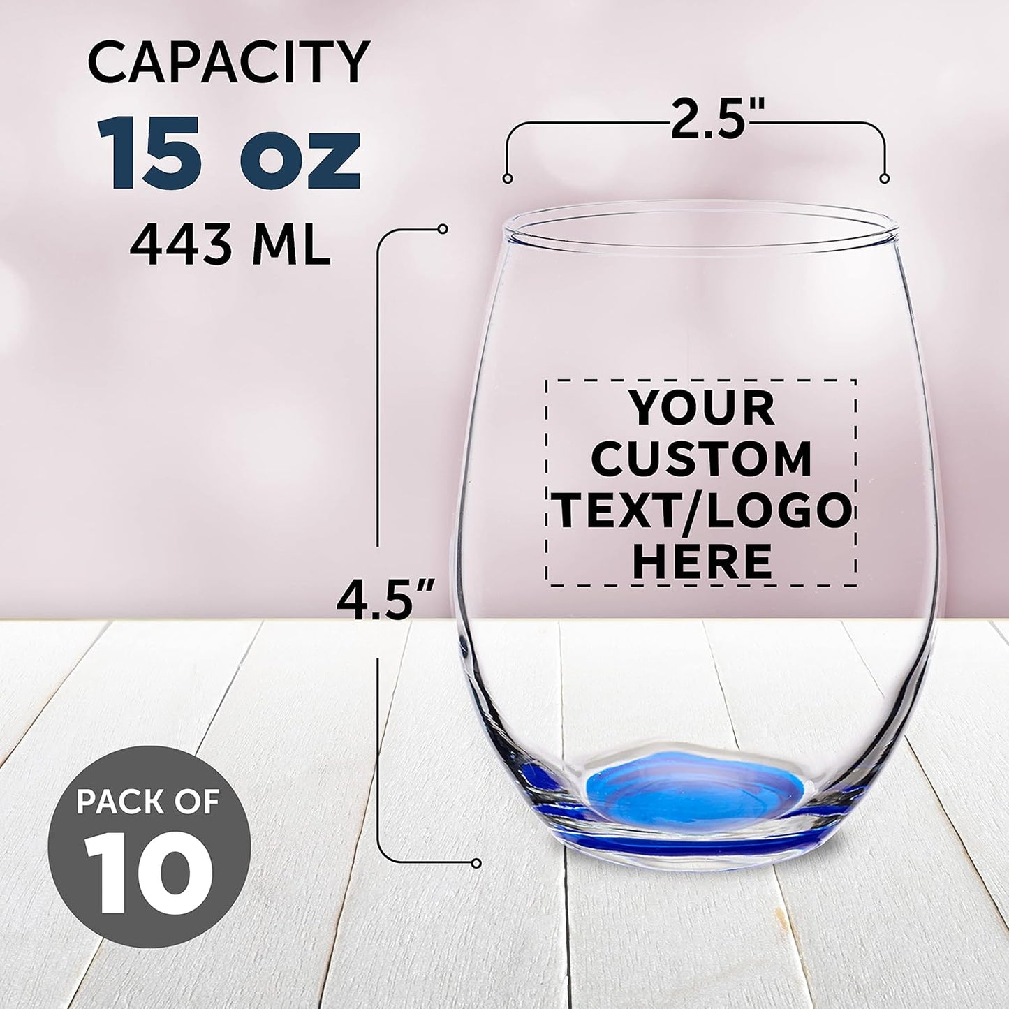 Custom Stemless Wine Glasses in Bulk by ARC Perfection, 15 oz, 10 pack, Personalized Text, Logo, Red or White Wine Glass Set, Blue