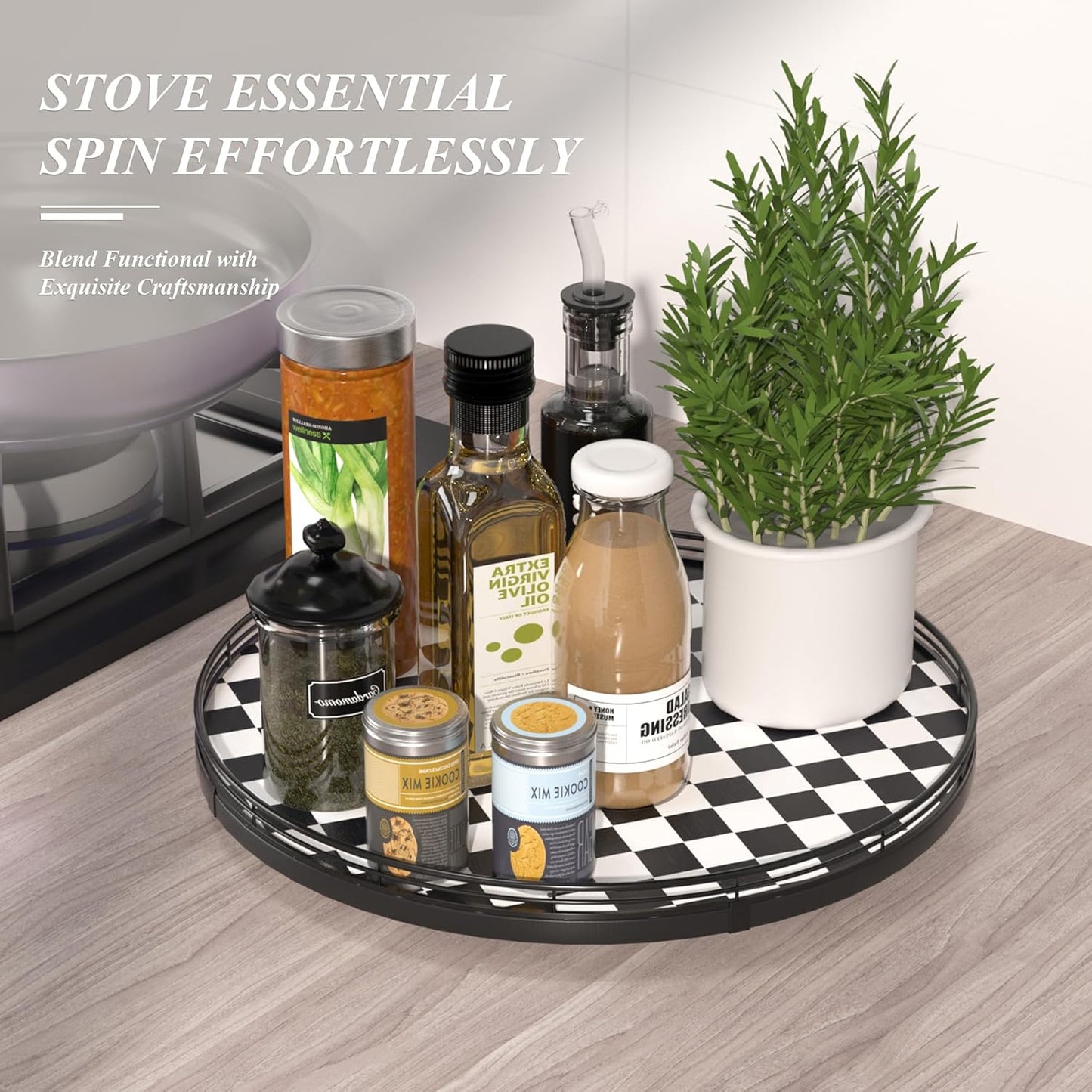 16" Black and White Kitchen Lazy Susan Turntable, Round Checkered Decorative Tray, Large Lazy Susan for Dining Table Centerpiece, Pantry, Kitchen, Bathroom, Countertop, Cupboard, Home Decor