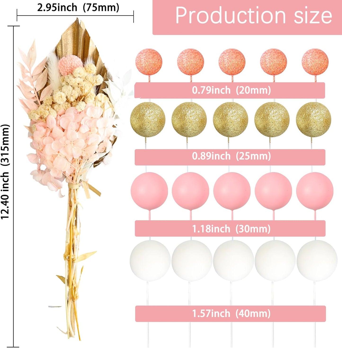 Gyufise 21 Pack Flower Boho Cake Topper Ball Cake Decorations Palm Leaves Plants Cake Decor for Girl Bohemian Princess Theme Wedding Baby Shower Birthday Party Supplies Gold Pink