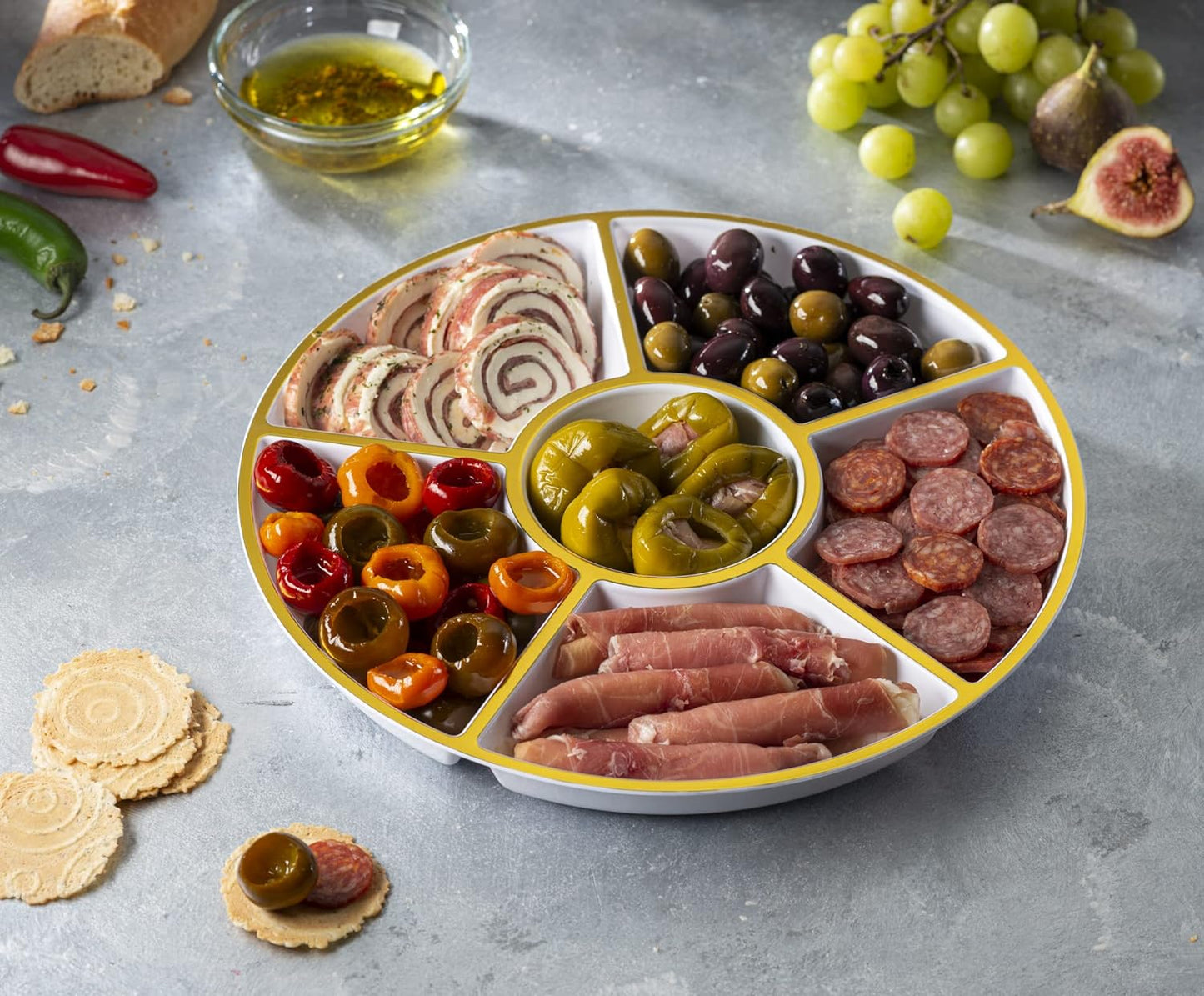 Plasticpro 6 Sectional Round Plastic Serving Tray/Platter (4, White & Gold)