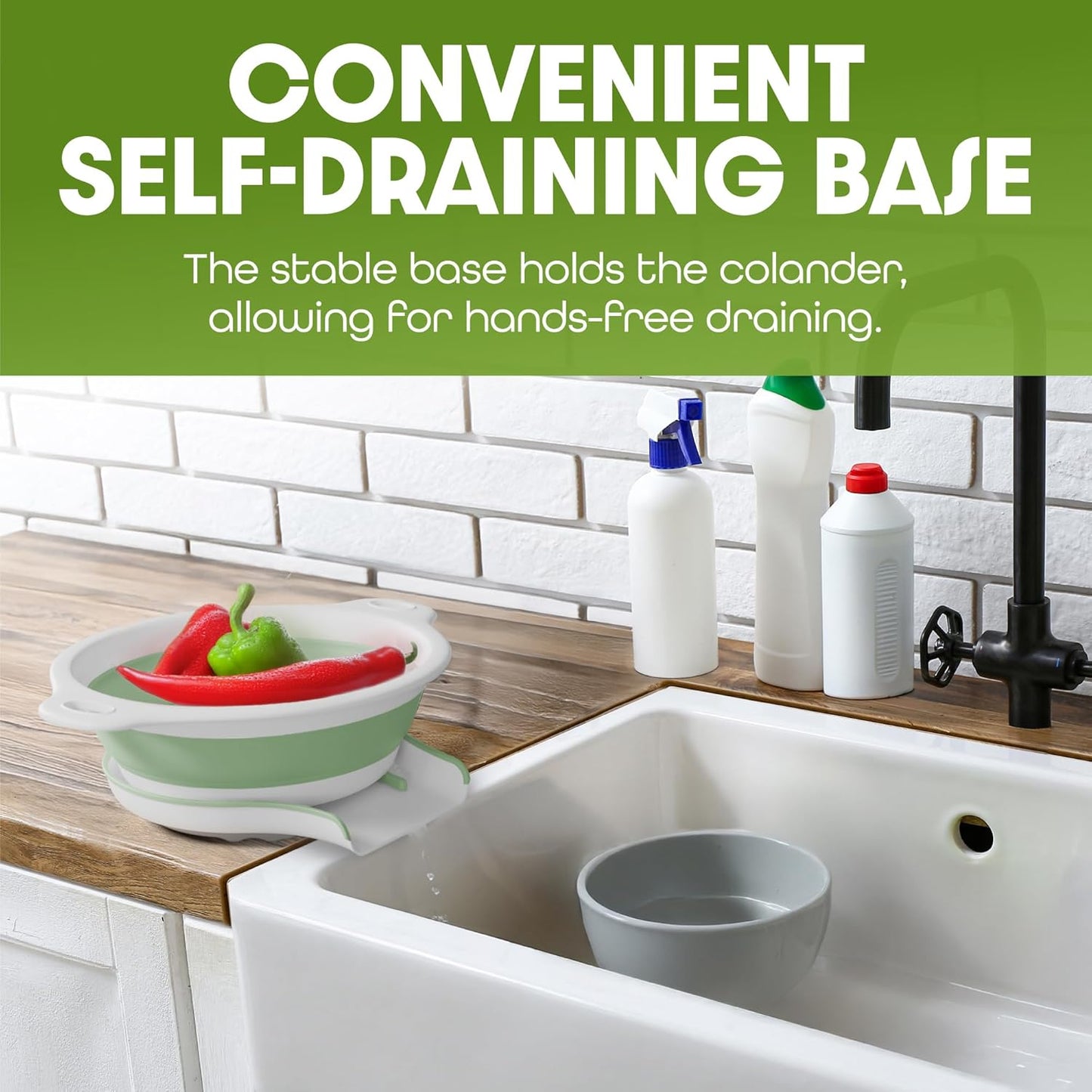 Collapsible Colanders (2 Pack Set) Food Strainers with Over-Sink Water Draining Base for Pasta Fruits and Vegetables (4 and 5 Quart) - White/Sage