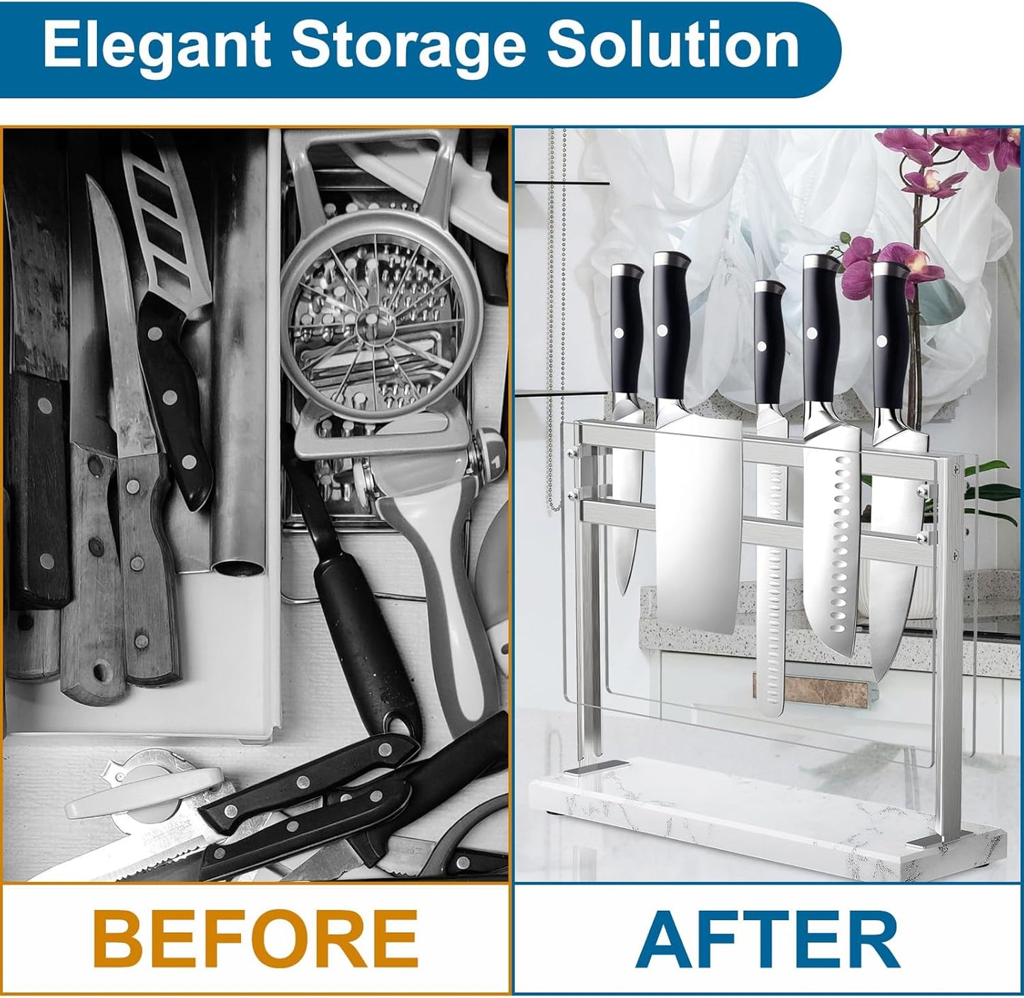 YIIYIIN Magnetic Knife Block with Acrylic Shield - Marble Based Double Side Magnetic Knife Stand - Kitchen Magnetic Knife Holder - Knife Storage - Knife Holders for Counter Top - White