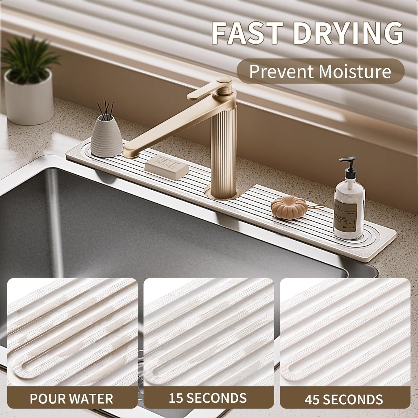 Faucet Mat for Kitchen Sink, Diatomite Stone Drying Sink Protectors, Bathroom Faucet Splash Guard, Quick Dry Water Absorbing, Non-Slip Stone Tray for Kitchen Counter, White, 23.6" x 3.9"