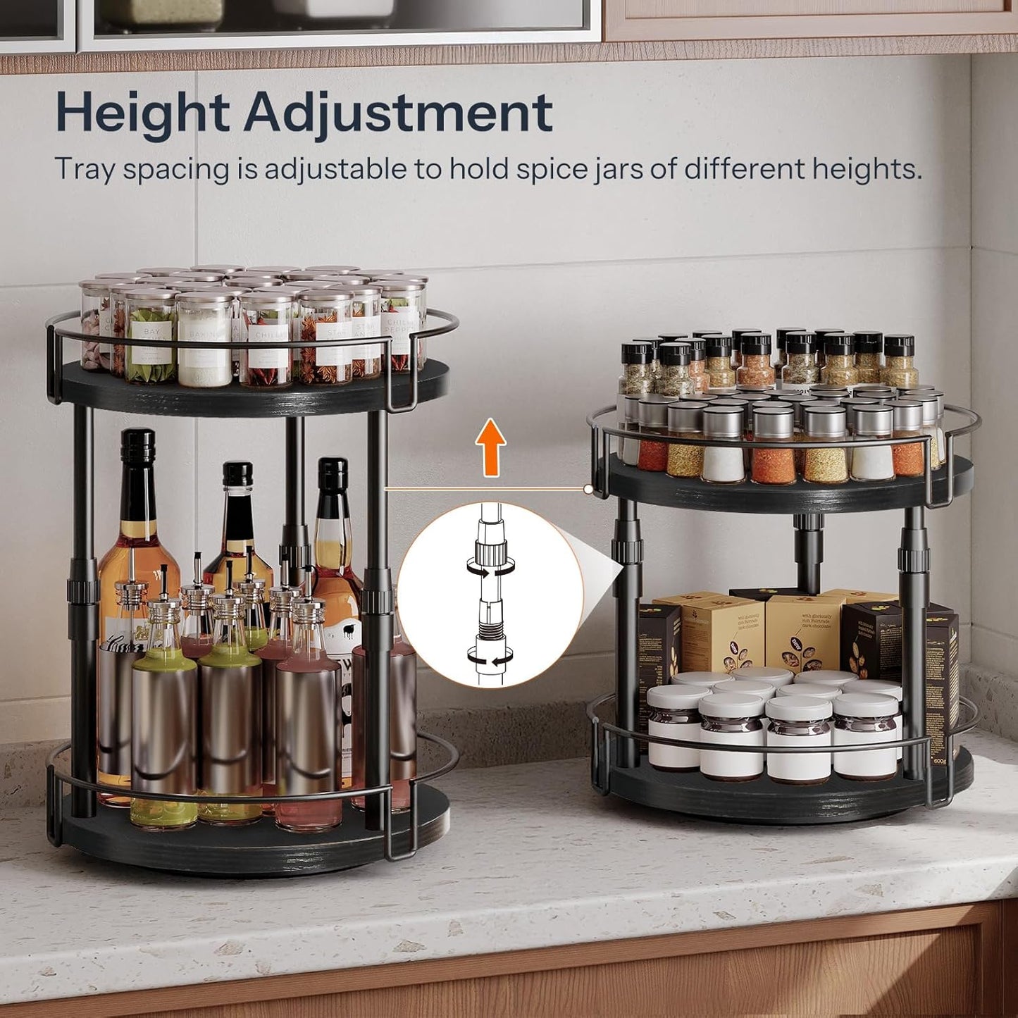 HOOBRO Lazy Susan Organizer Spice Rack, 2-Tier Height Adjustable Rotating Lazy Turntable Spice Organizer, for Kitchen Countertop and Cabinet, Black BB05TL01