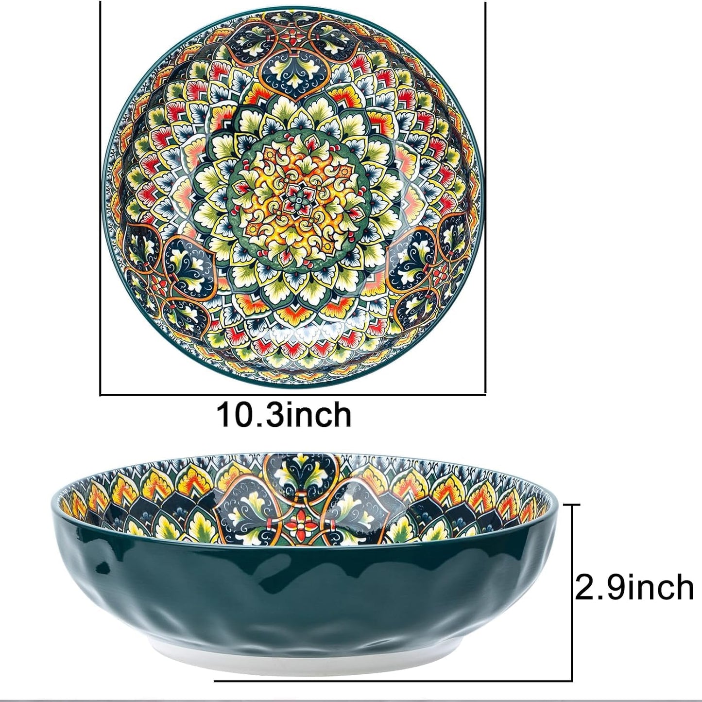 Large Serving Bowls, 75 Oz Fruit Salad Bowls Set of 2, Bohemian Style Large Porcelain Dishes for Entertaining Parties,Big Bowls for Salad, Pasta, Fruit, Chips, 10.3 Inch Diameter (green.green)