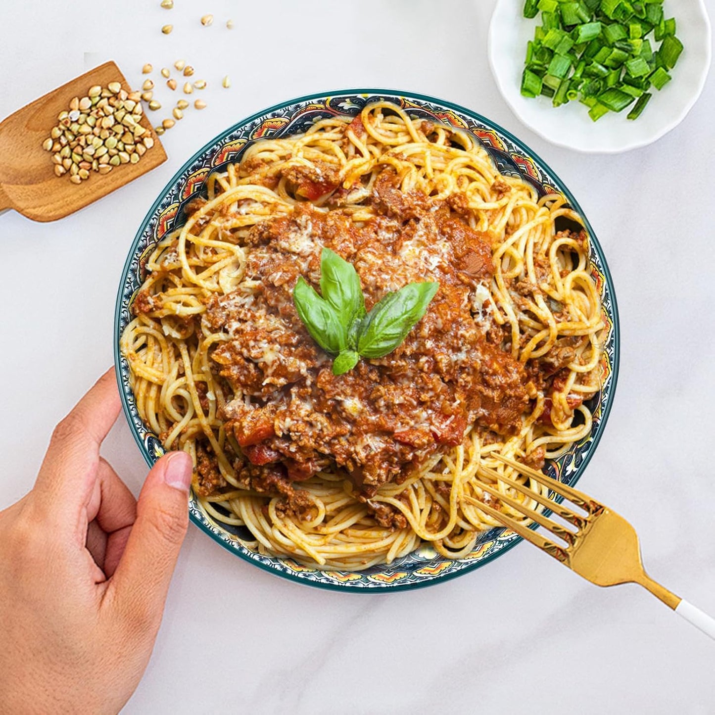 75 Oz Serving Bowls,Bohemian Style Large Porcelain Dishes for Entertaining Parties,Big Bowls for Eating Soup, Salad, Pasta, Fruit, Chips, 10.3 Inch Diameter (blue.green)