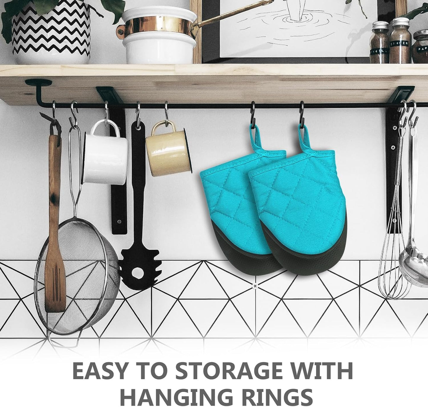 1 Pair Short Oven Mitts - Silicone Kitchen Oven Gloves High Heat Resistant 500℉, Mini Oven Mits with Non-Slip Grip Surfaces and Hanging Loop for BBQ, Baking, Cooking and Grilling (Coral Blue)