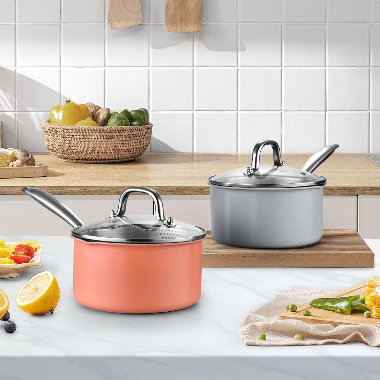 Nonstick Ceramic Saucepan 2.5 Qt,Sauce Pot with Strainer Lid,Two Side Spouts for Easy Pour with Ergonomic Handle,Non Toxic,PTFE &PFOA Free - Oven Safe Compatible with All Stovetops,Perracotta