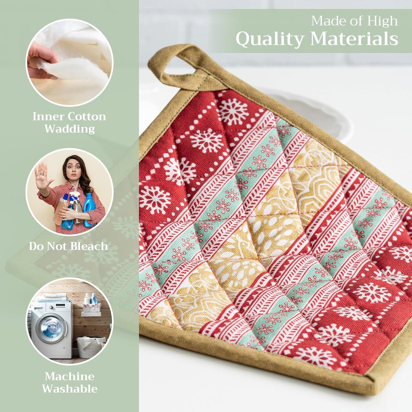 Maison d' Hermine Pot Holders Set 100% Cotton Heat Resistant Potholders 8" x 8" Hot Pads with Loop BBQ, Cooking, Baking, Grilling, Kitchen, Handling Hot Pans (Pack of 2, Sofia)