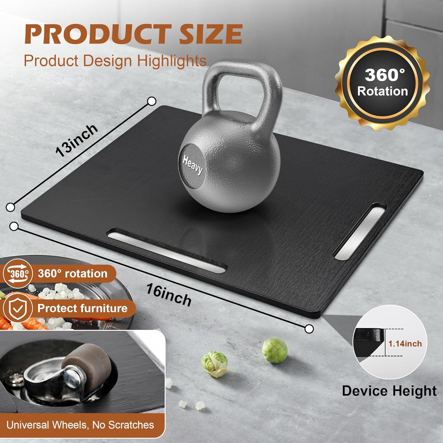 Joy&Grace Appliance Slider for Kitchen Appliances 360° Rolling Sliding Tray for Coffee Maker Countertop, Bamboo Coffee Pot Slider Rolling Tray with Universal Rollers (Black, Large 16"x13")