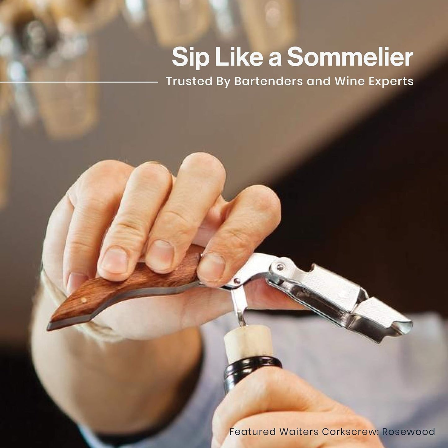 Hicoup Wine Opener - Professional Corkscrews for Wine Bottles w/Foil Cutter and Cap Remover - Manual Wine Key for Servers, Waiters, Bartenders and Home Use - Stainless Steel With Sandalwood