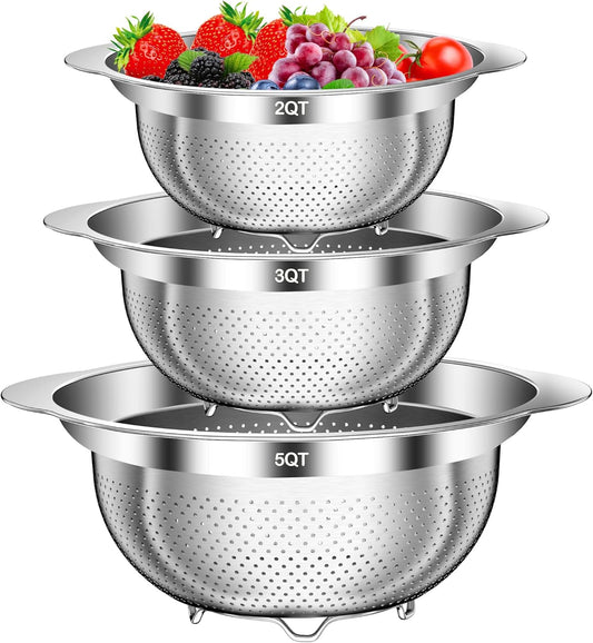 Colander, Stainless Steel Colander for Kitchen, 3Pcs Kitchen Gadget Food Strainer Basket with Handle, Kitchen Strainer Colanders Bowl for Pasta Noodles Spaghetti Vegetables Fruit (2QT, 3QT, 5QT)