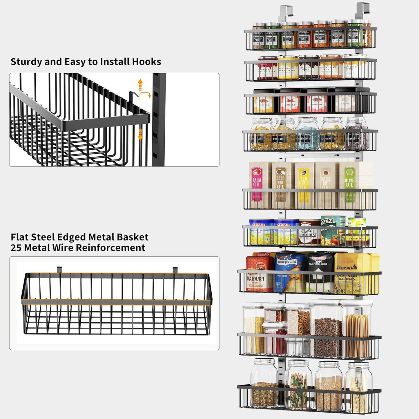 Moforoco 9-Tier Over The Door Pantry Organizer, Pantry Organization and Storage, Black Hanging Basket Wall Spice Rack Seasoning Shelves, Home & Kitchen Bedroom Bathroom House Essentials