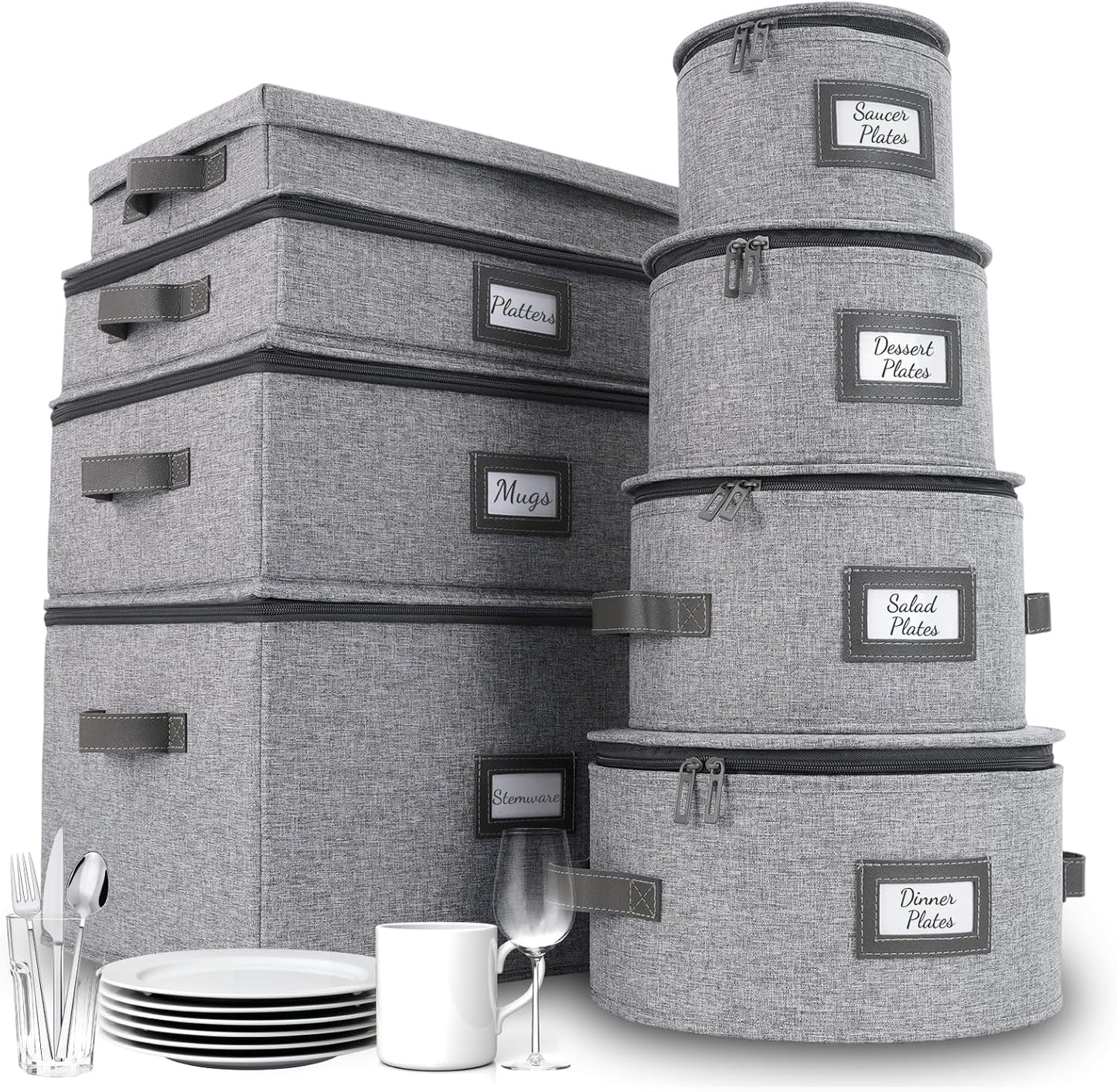 HOMELUX THEORY Hard Shell China Storage Containers, 8pc Light Gray Mug & Plate Storage Box, Kitchen Storage Bins With Lids, Heavy Duty Moving Box with Handles for Dishes, Silverware, Cup & Mug