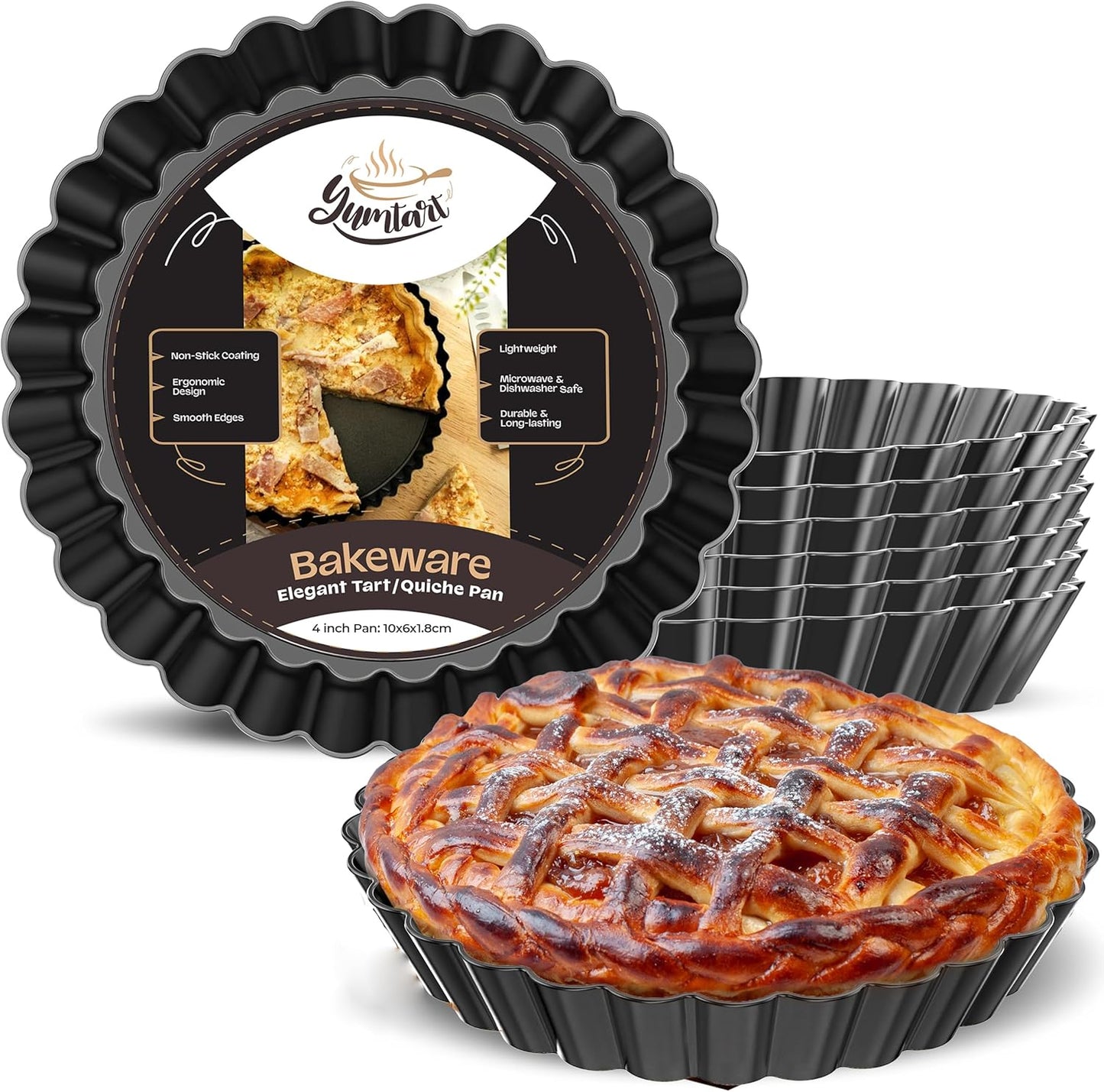 4 Inch Round Tart Pan 8 Pieces, False Bottom Pie Pan, Deep Fluted Tart and Quiche Pan with Removable Bottom - Non-Stick Tart Pan