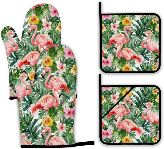 Palm Leaf Oven Mitts and Pot Holders Set,Flamingo Tropical Kitchen Oven Gloves and Pot Holder with Heat Resistant Non Slip for Cooking Baking Grilling(4 Piece Set)