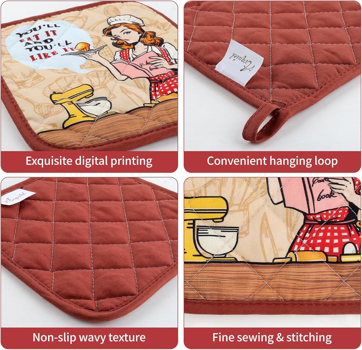 Retro Housewife Oven Mitts and Pot Holders Sets 4Pcs, 100% Cotton Heat Resistant, Extra Long Oven Gloves Potholder for Kitchen Cooking Baking Decoration