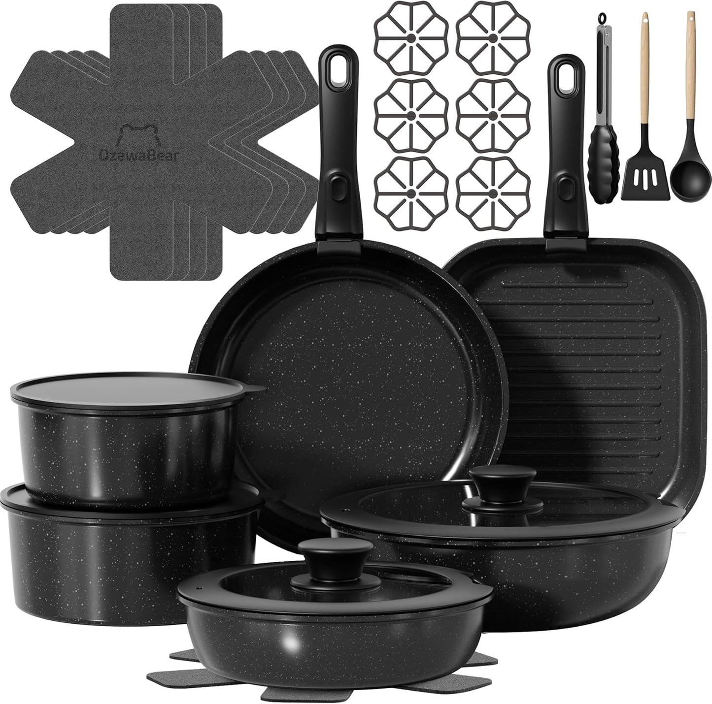 26 Pcs Pots and Pans Set Non Stick, Ceramic Cookware Set Non Toxic with Detachable Handles, Healthy Induction Cookware Dishwasher Oven Safe RV Kitchen Set, PFAS PFOA & PTFE Free, Black