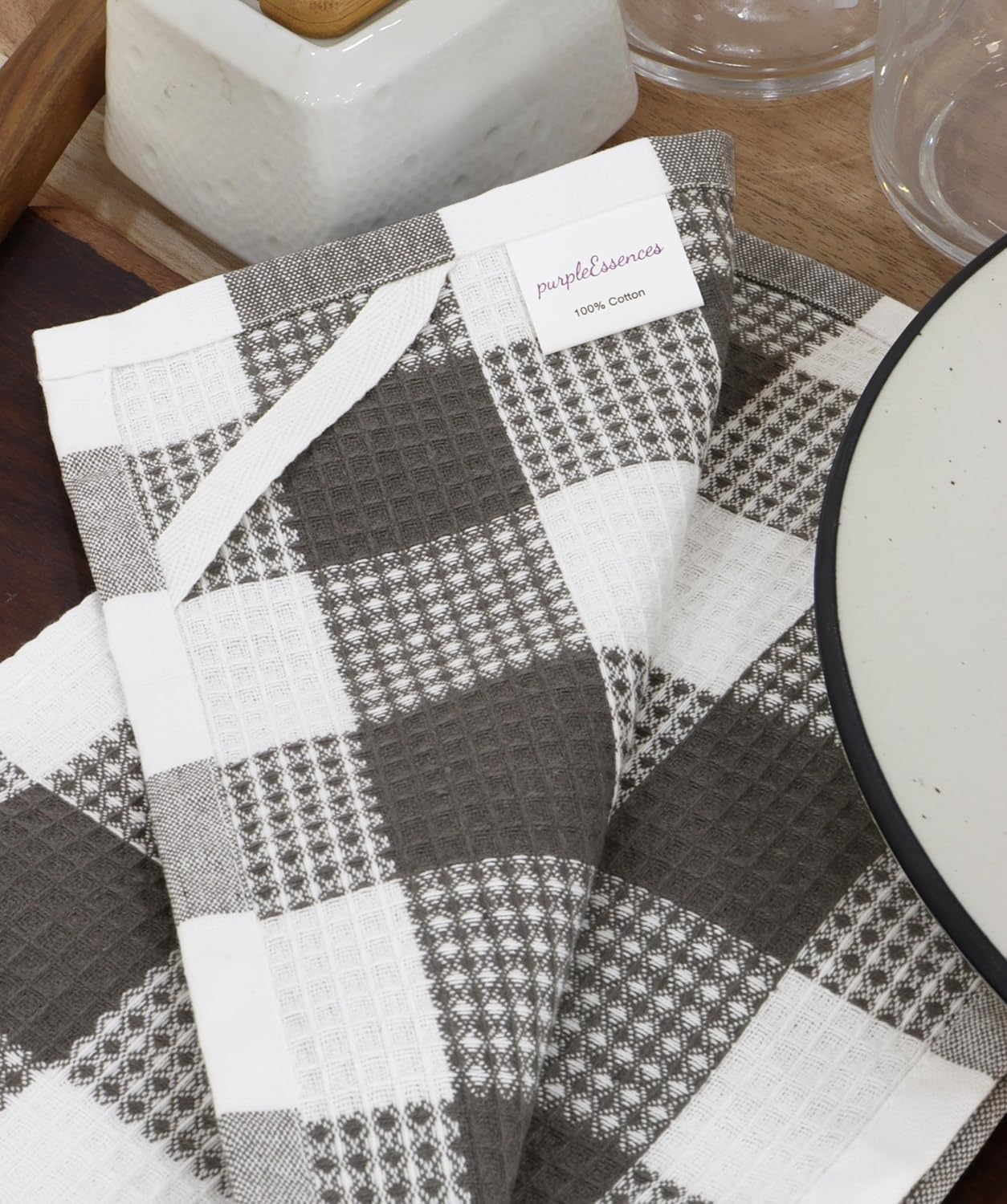 PurpleEssences 100% Cotton Waffle Weave Check Plaid Kitchen Towels, Super Soft and Absorbent Dish Towels for Drying Dishes 15 x 25-6 Pack - Spring Summer - Steel Grey and White