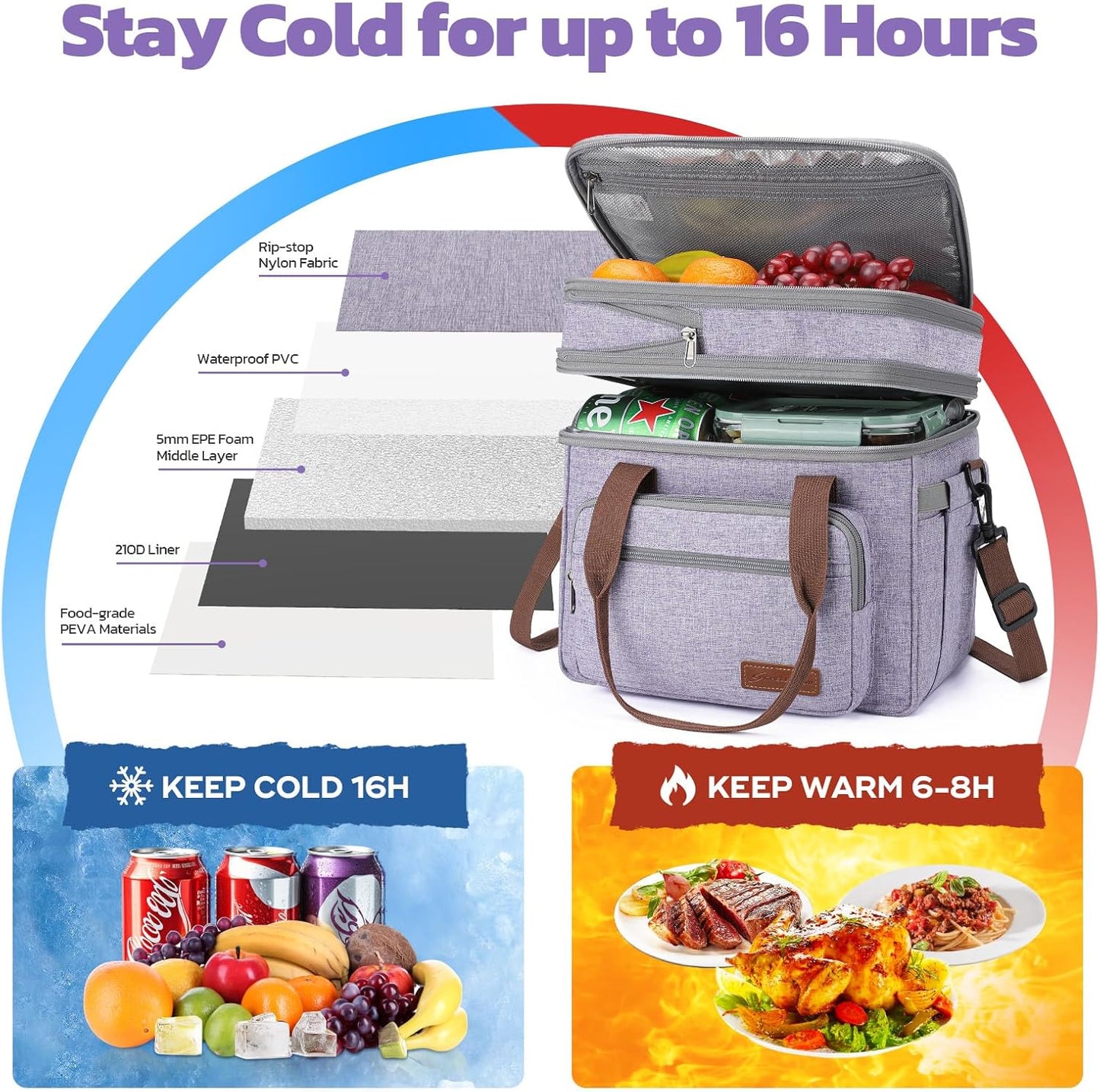 Maelstrom Lunch Bag Women,23L Insulated Lunch Box For Men Women,Expandable Double Deck Cooler Bag With Side Tissue Pocket,Lavender