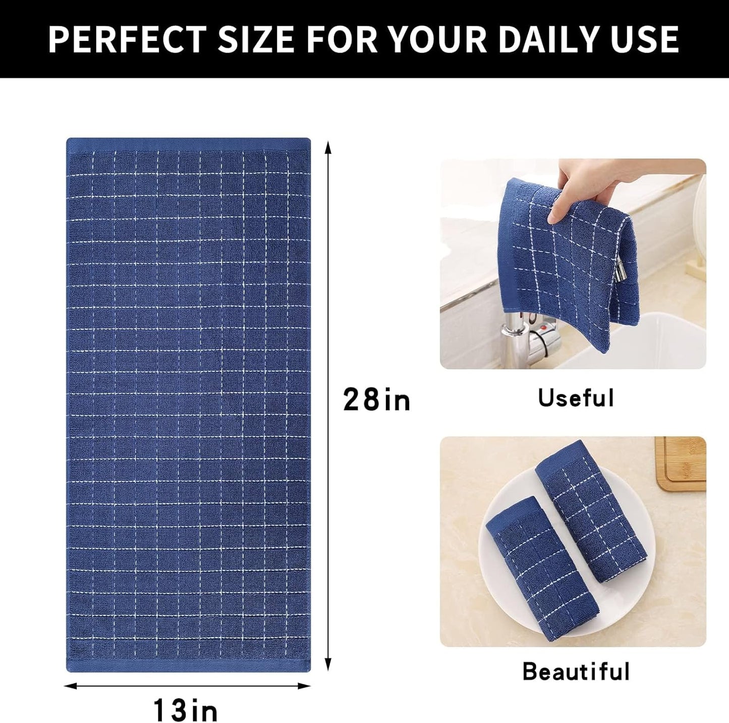 Homaxy 100% Cotton Terry Kitchen Towels(Navy Blue, 13 x 28 inches), Checkered Designed, Soft and Super Absorbent Dish Towels, 8 Pack