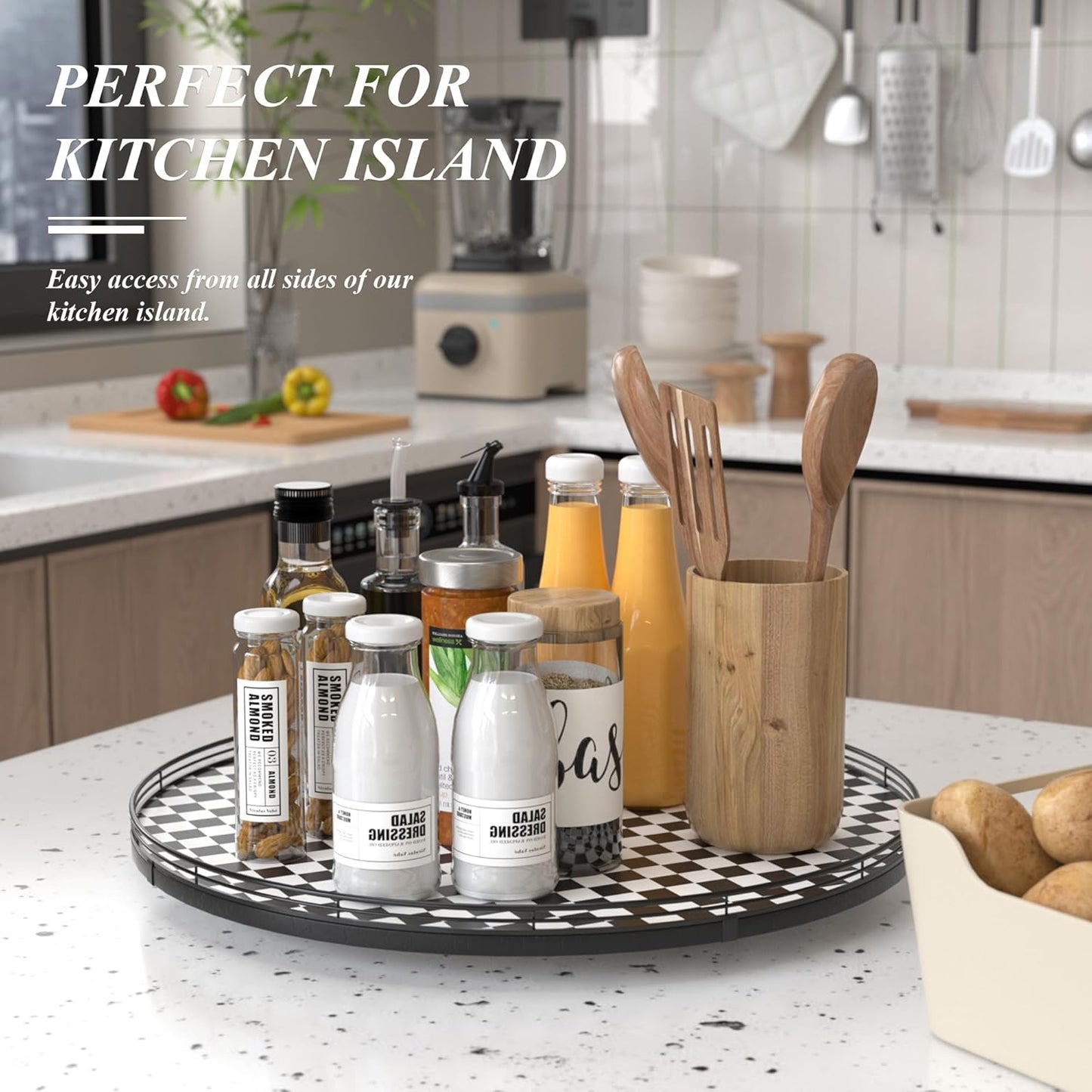 24" Black and White Kitchen Lazy Susan Turntable, Round Checkered Decorative Tray, Large Lazy Susan for Dining Table Centerpiece, Pantry, Kitchen, Bathroom, Countertop, Cupboard, Home Decor