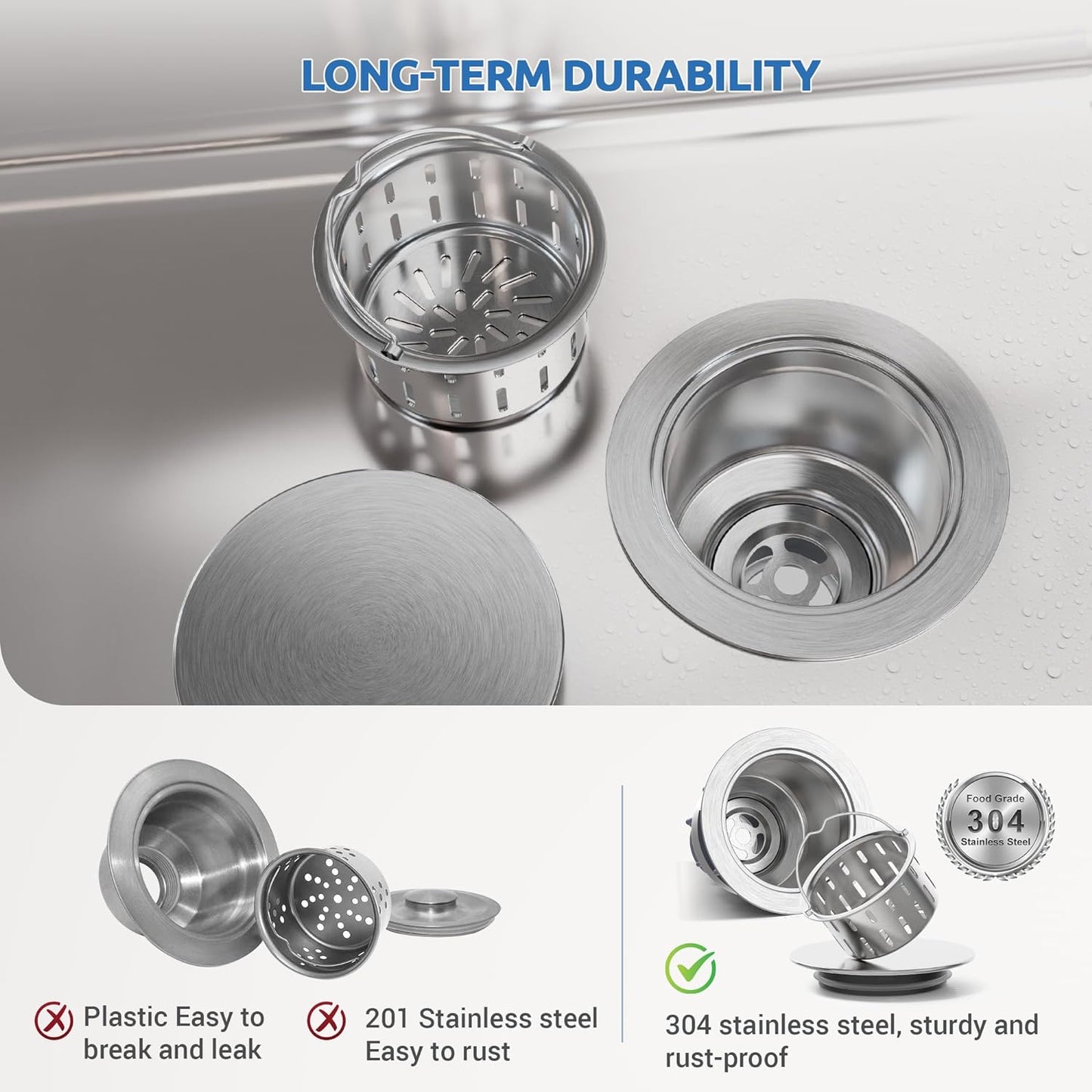 BOTEMY Stainless Steel Sink Drain Strainer 3-1/2 Inch Kitchen Sink Drain Assembly Kit with Removable Deep Sink Strainer Basket and Sink Stopper Flat Cover Replacement for Home Standard Kitchen Sinks