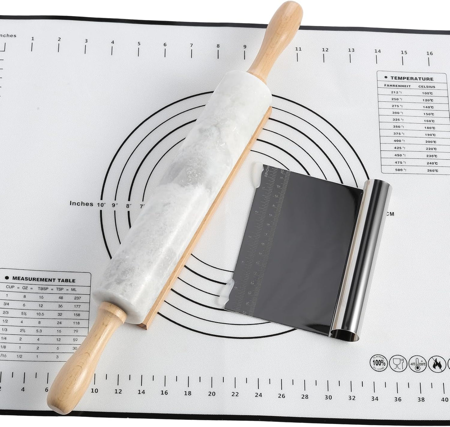 Koville African Natural Marble Rolling Pin, Non-Stick Polished Dough Roller, Pasta, Dumpling, Fondant, Pie Crust, Bread, Pizza Dough, Kitchen Baking Pastry Tools with Mat/Scraper(Grigio Fantasy)