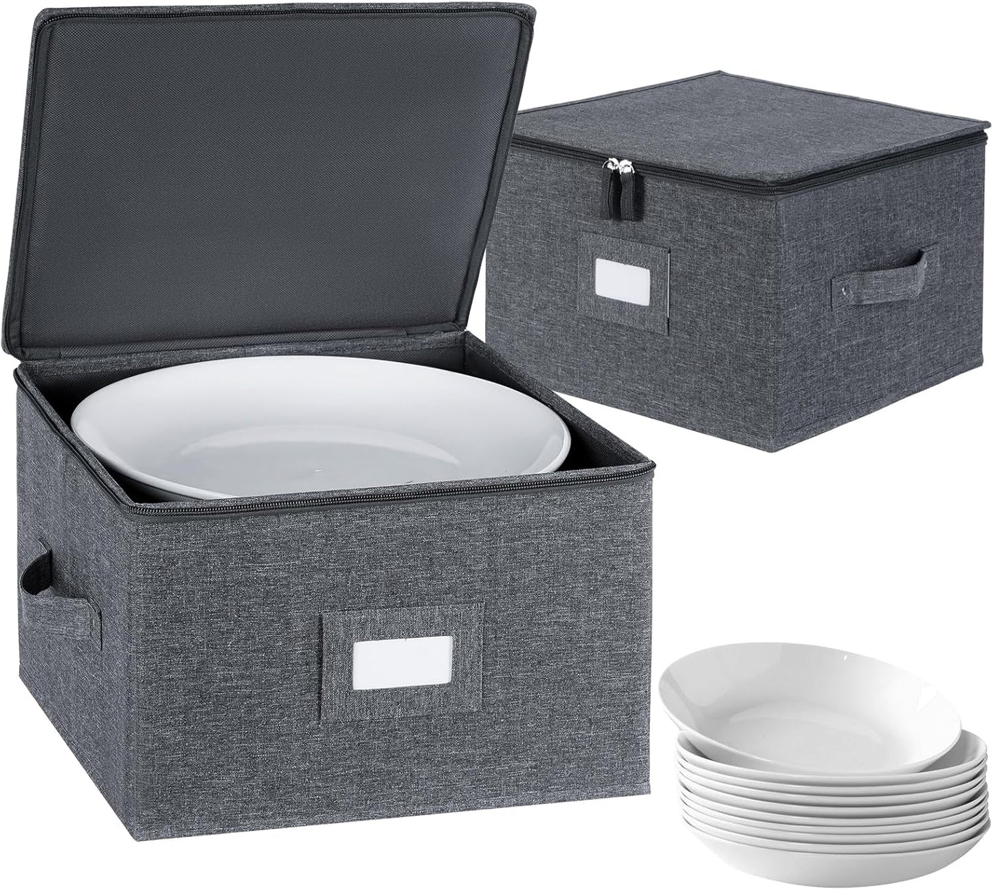 popoly China Storage Containers Hard Shell Inside 12" W x 8" H, Dinner Plate Storage Containers for Dishes, Dinnerware with 24 Felt Dividers, Hold 24 Plates, Stackable (2 Pack Grey)