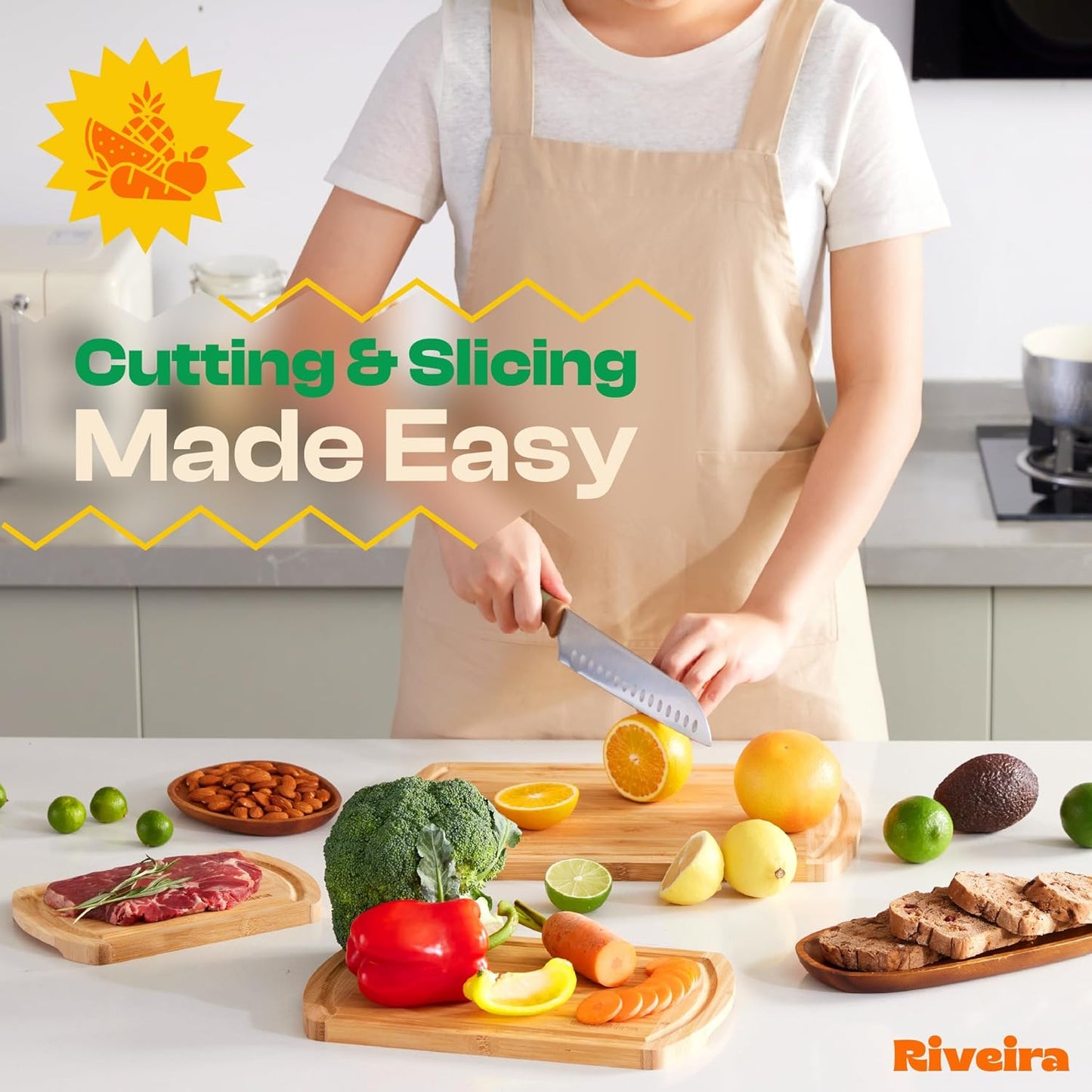 Riveira Two Tone Bamboo Wood Cutting Board – Gourmet Bamboo Grandeur: 24 x 18 Wooden Cutting Board – Wooden Cutting Boards For Kitchen Decorative – Innovative Juice Grooves Wooden Chopping Board