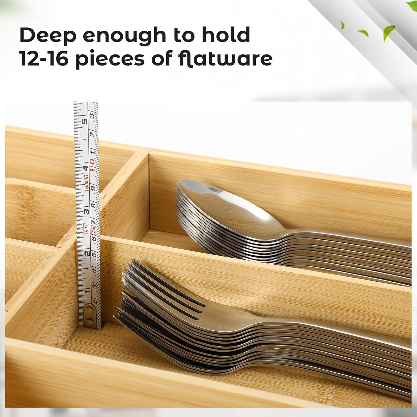 Fabsome Silverware Organizer for Kitchen Drawers, 2.5'' Deep 18.8'' Wide Bamboo Wood Flatware Tray with Deep Slots for Large Cutlery Utensil Drawer