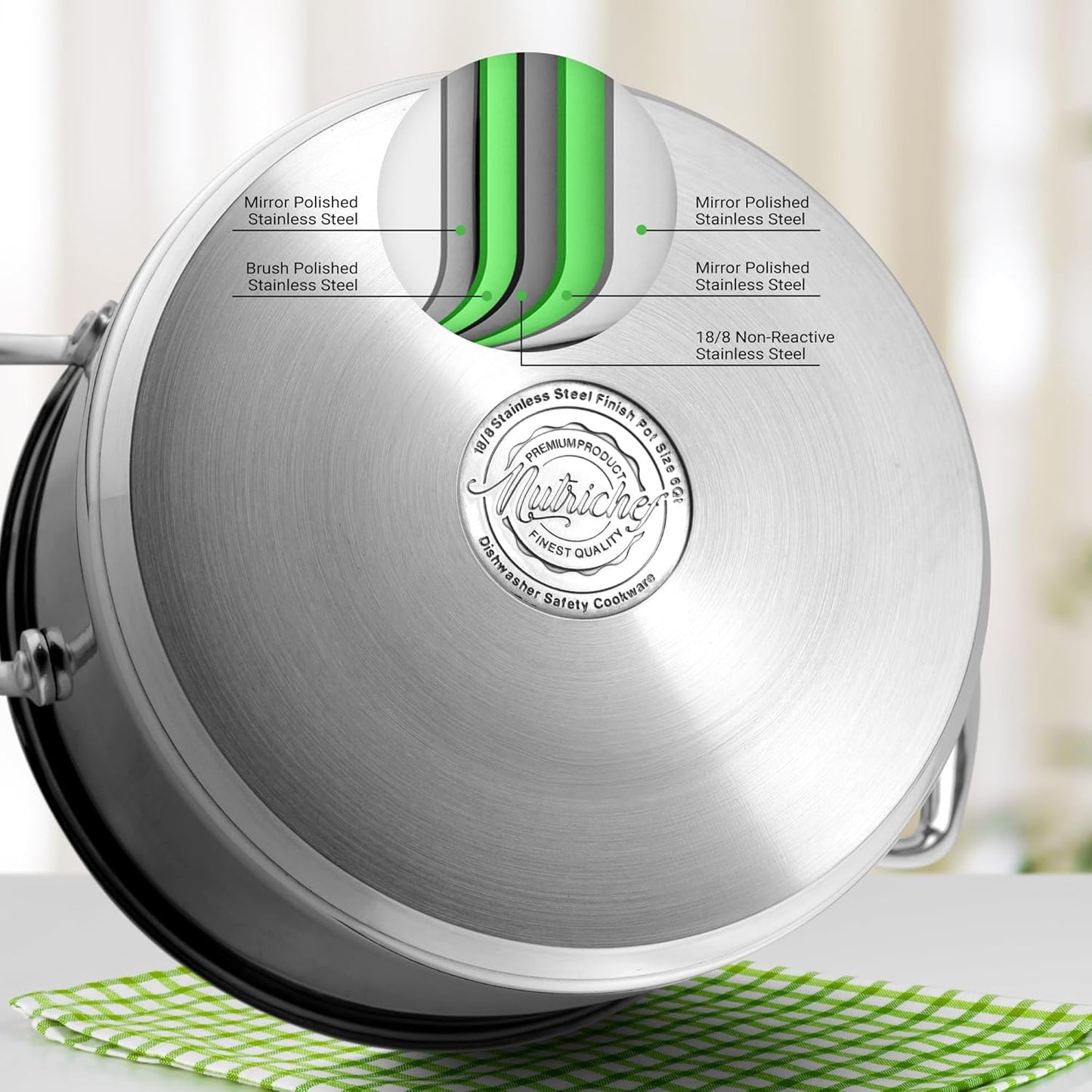 NutriChef 19-Quart Stainless Steel Stockpot – 18/8 Food Grade Heavy-Duty Induction-Compatible Pot with See-Through Lid, Ideal for Stews, Broths, Simmering & Soups, Dishwasher Safe – NCSP20