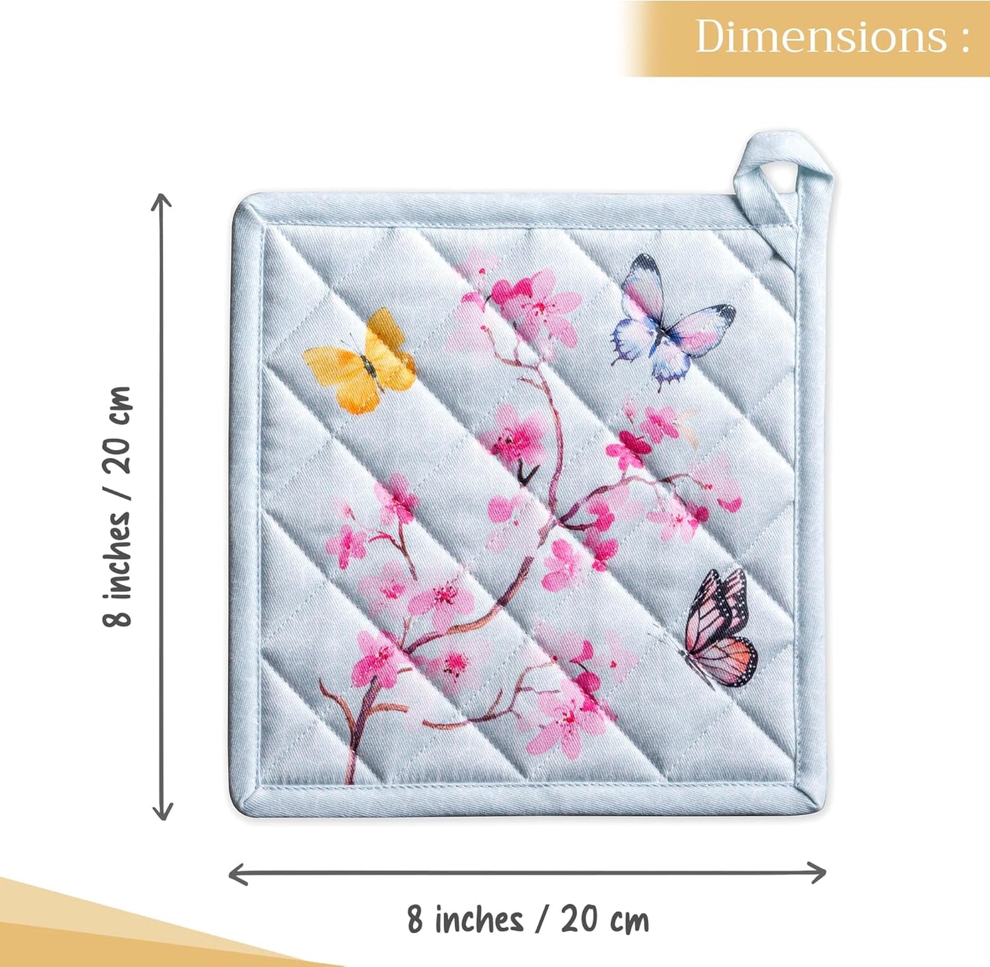 Maison d' Hermine Pot Holders Set 100% Cotton Heat Resistant Potholders 8" x 8" Hot Pads with Loop BBQ, Cooking, Grilling, Kitchen, Handling Hot Pans Spring/Summer (Pack of 2, Blossoms in Spring)