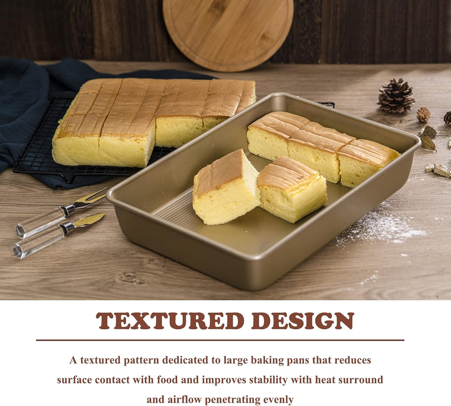 KitCom Bakeware Nonstick Carbon Steel Roaster with Flat Rack and V-Rack, 0.8MM Thickness Textured Base, Champagne Gold