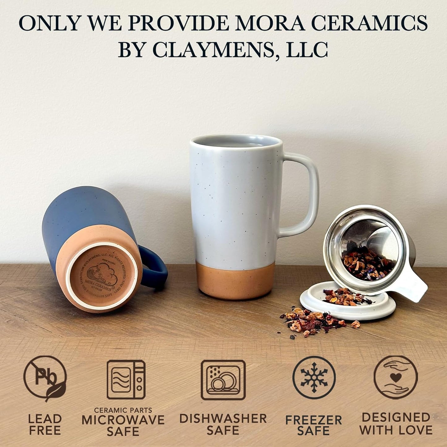 Mora Ceramics Large Tea Mug with Loose Leaf Infuser and Ceramic Lid, 18 oz, Portable, Microwave and Dishwasher Safe, Tall Coffee Cup - Rustic Matte Ceramic Glaze, Modern Herbal Tea Strainer, Sleet