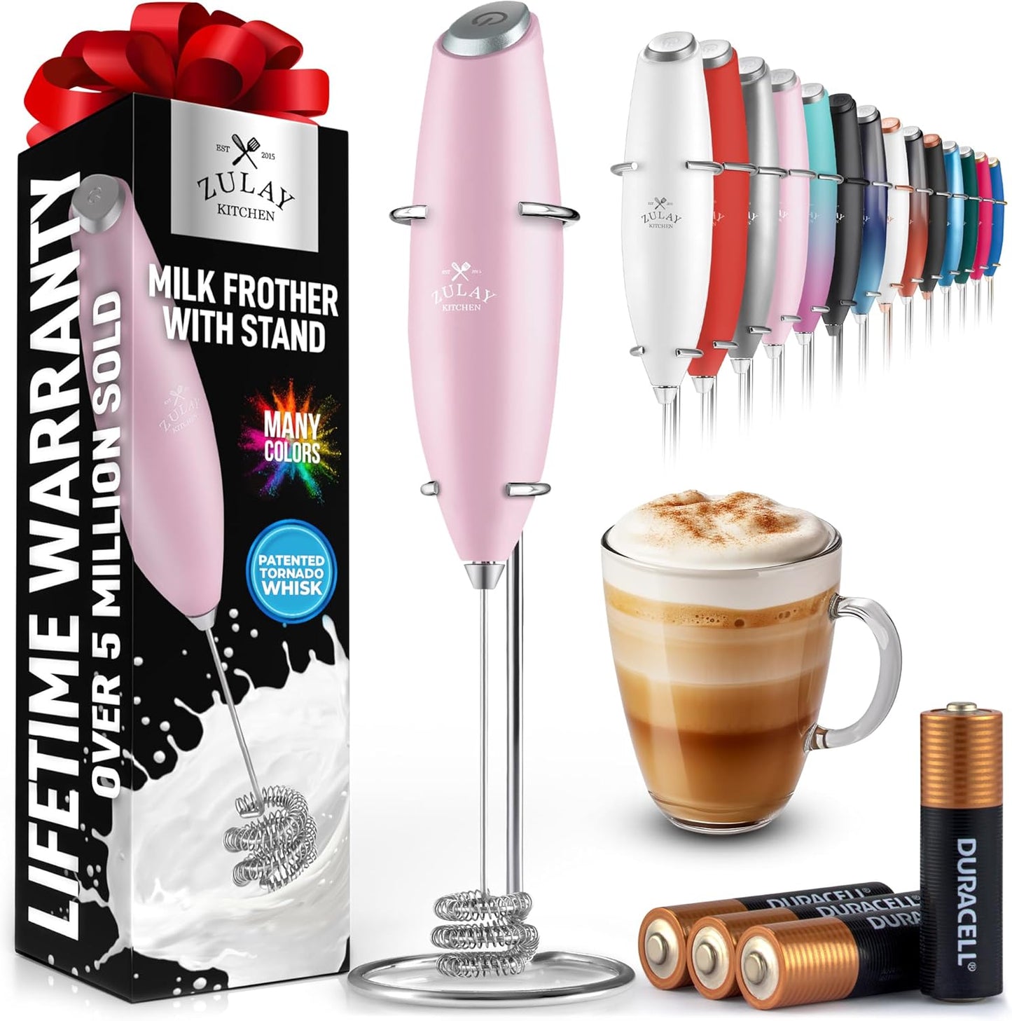 Zulay Kitchen Patented Tornado Triple Whisk Milk Frother with 4 Duracell Batteries – Handheld Foam Maker for Coffee, Lattes, Matcha & Hot Chocolate – Rich, Creamy Froth in Seconds
