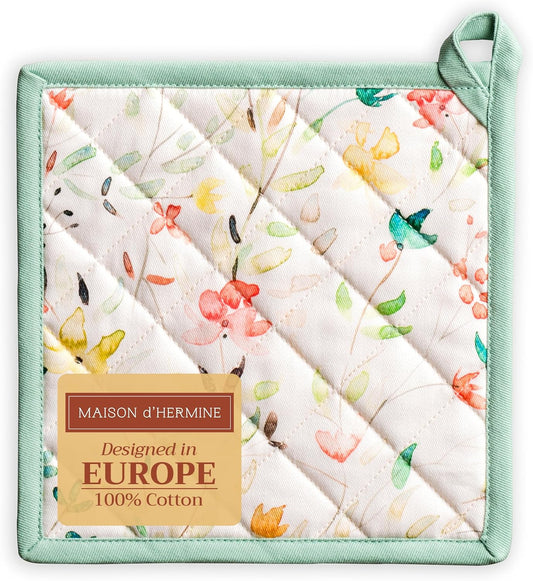 Maison d'Hermine Pot Holders 100% Cotton Heat Resistant Potholders 8" x 8" Hot Pads with Loop BBQ, Cooking, Baking, Grilling, Kitchen, Handling Hot Pans Spring/Summer (Pack of 1, Colmar)