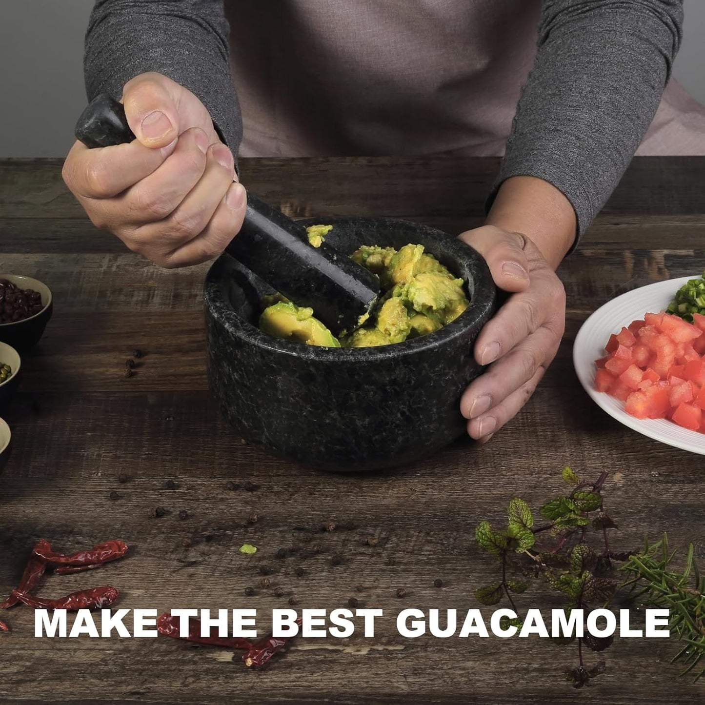 Koville Granite Mortar and Pestle Set, 6.3"-2 Cups Stone Grinder Bowl for Guacamole, Salsa, Pill Crusher, Spice, Herb, Garlic, Nut, Heavy Duty Grinder for Kitchen