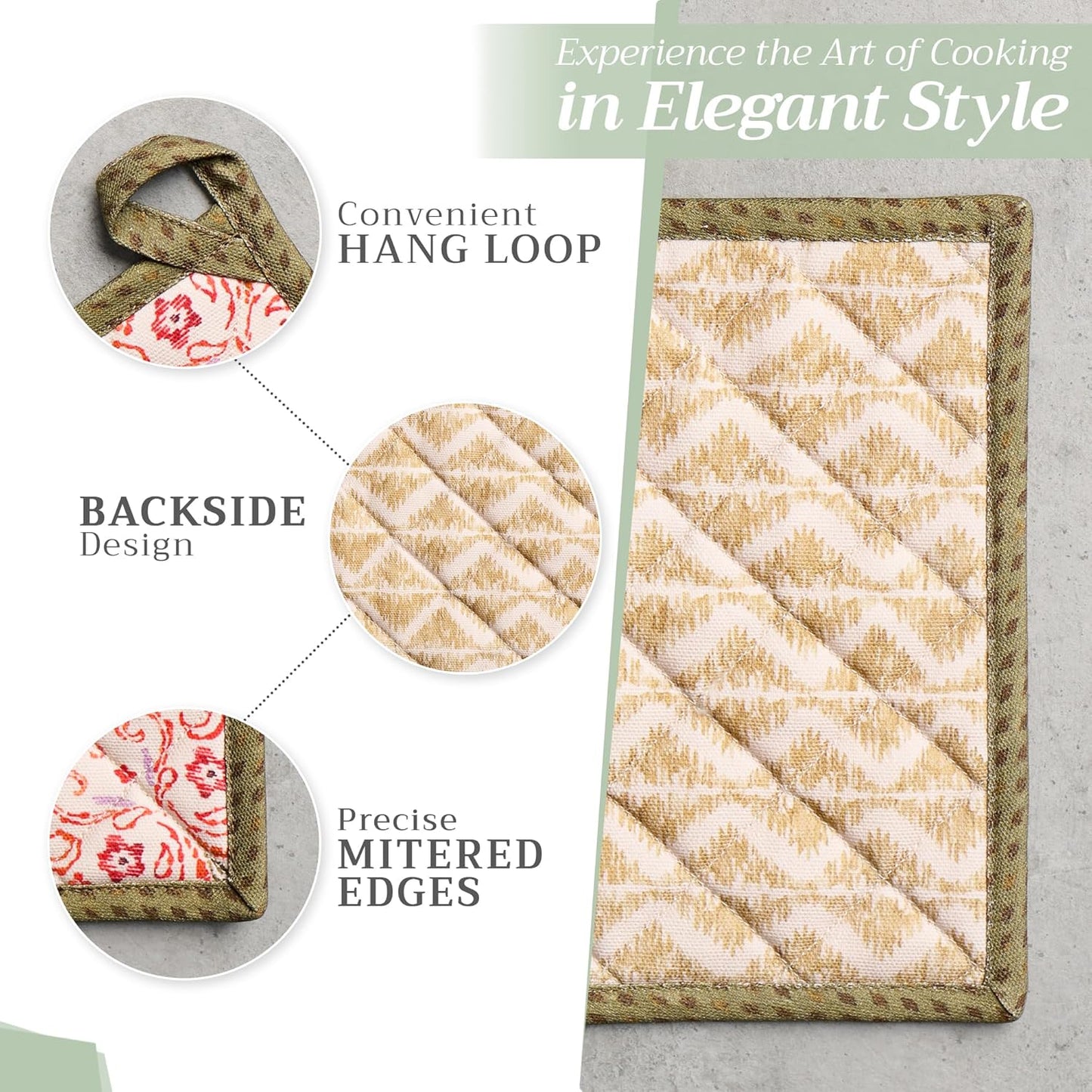 Maison d' Hermine 100% Cotton Oven Mitt & Pot Holder Set (7.5"x13" & 8"x8") Heat Resistant BBQ Cooking Gloves with Loop, Baking, Grilling, Kitchen, Handling Hot Pans (Damask)