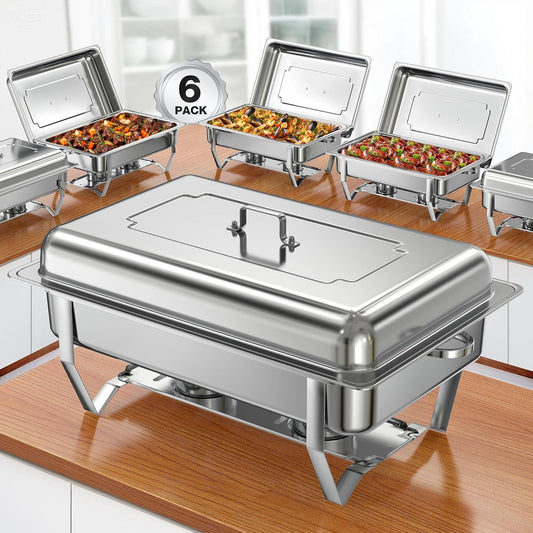 Chafing Dishes for Buffet 9QT 6 Pack,Easy Assembly, Food-Grade Stainless Steel Chafers for Catering w/Rolled Edge Design, Foldable Frame, for Party, Banquet (Full Size Food Pan)