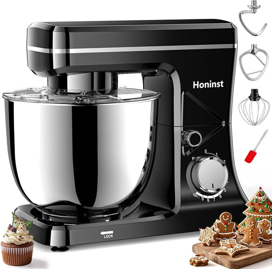 10-Speed Stand Mixer with 8-in-1 Splash Guard, Tilt-Head, 6QT Stainless Steel Bowl + Dishwasher-Safe Dough Hook/Whisk/Beater/Spatula for Baking Bread, Cakes, Cookies, Black