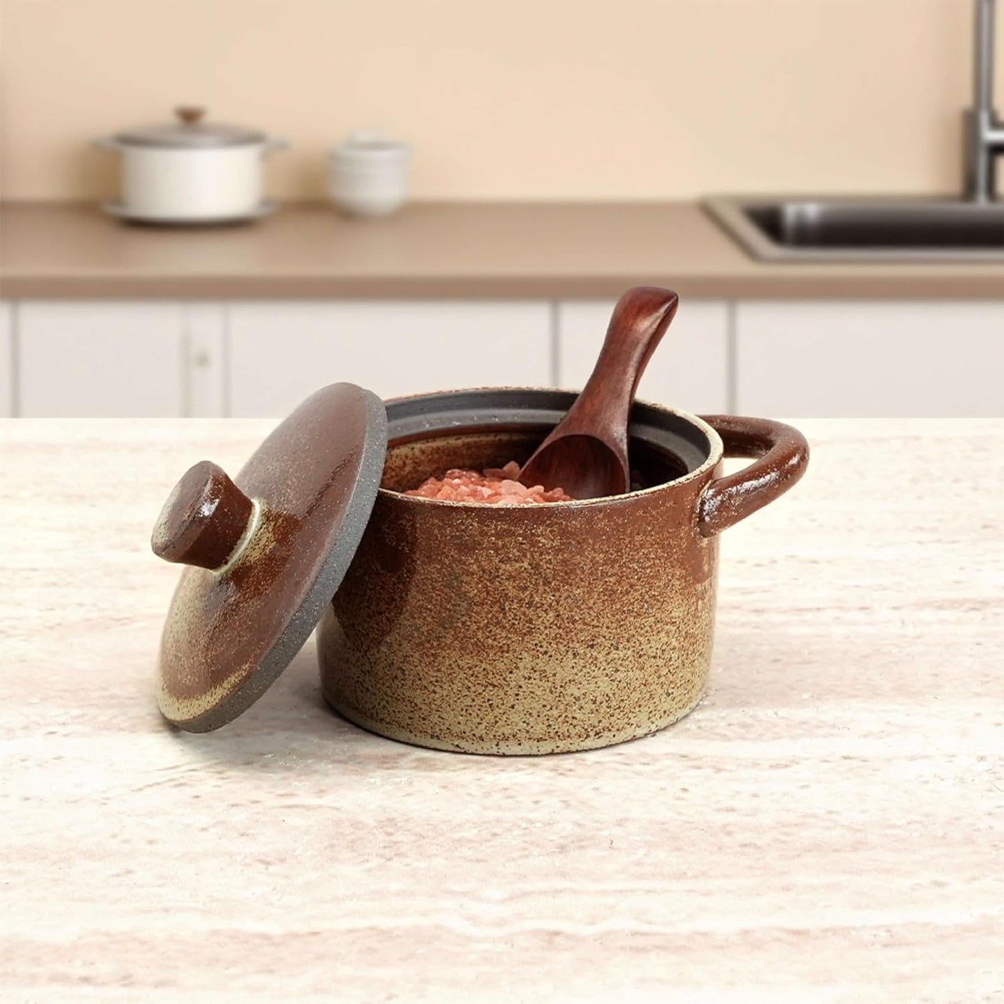 Handcrafted Speckled Ceramic Salt Cellar with Wooden Spoon, Rustic Vintage Spice Jar, Dishwasher Safe, 8.45 fl oz (Peckled Ceramic)