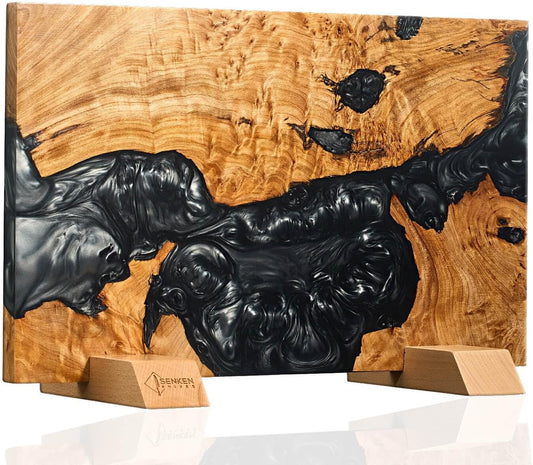 SENKEN "Black Tsunami" Extra Large Magnetic Knife Block - Holds Up to 16 Knives - Knife Block without Knives, Universal Knife Holder, Beautiful Dark Resin & Natural Wood Blend (Black Resin)