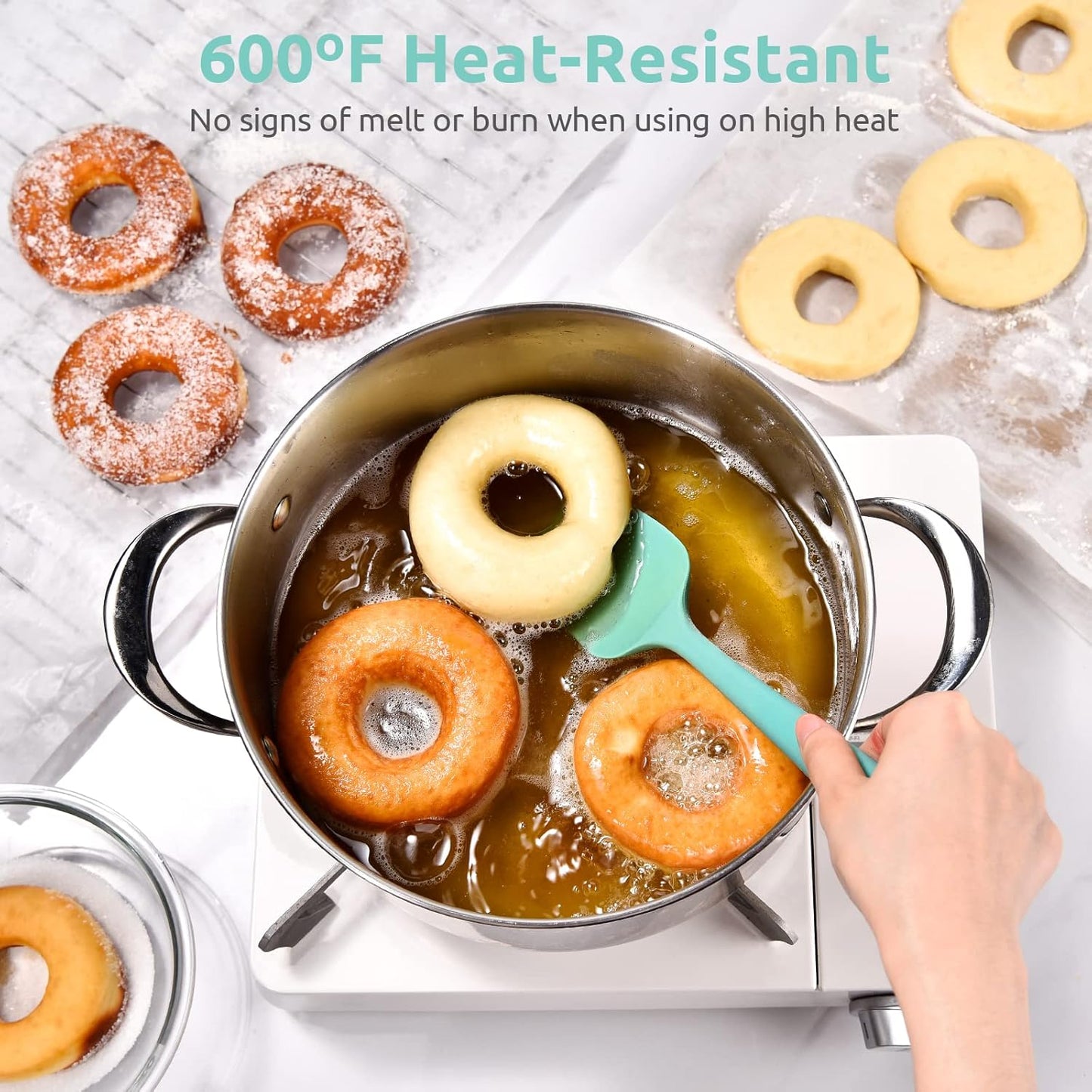 Heat Resistant Silicone Spoon Spatula: U-Taste 600ºF High Heat Flexible 11.38in Silicon Mixing Stirring Cooking Scraping Baking Bowl Scraper Seamless Spreader for Kitchen Nonstick Cookware (Aqua Sky)