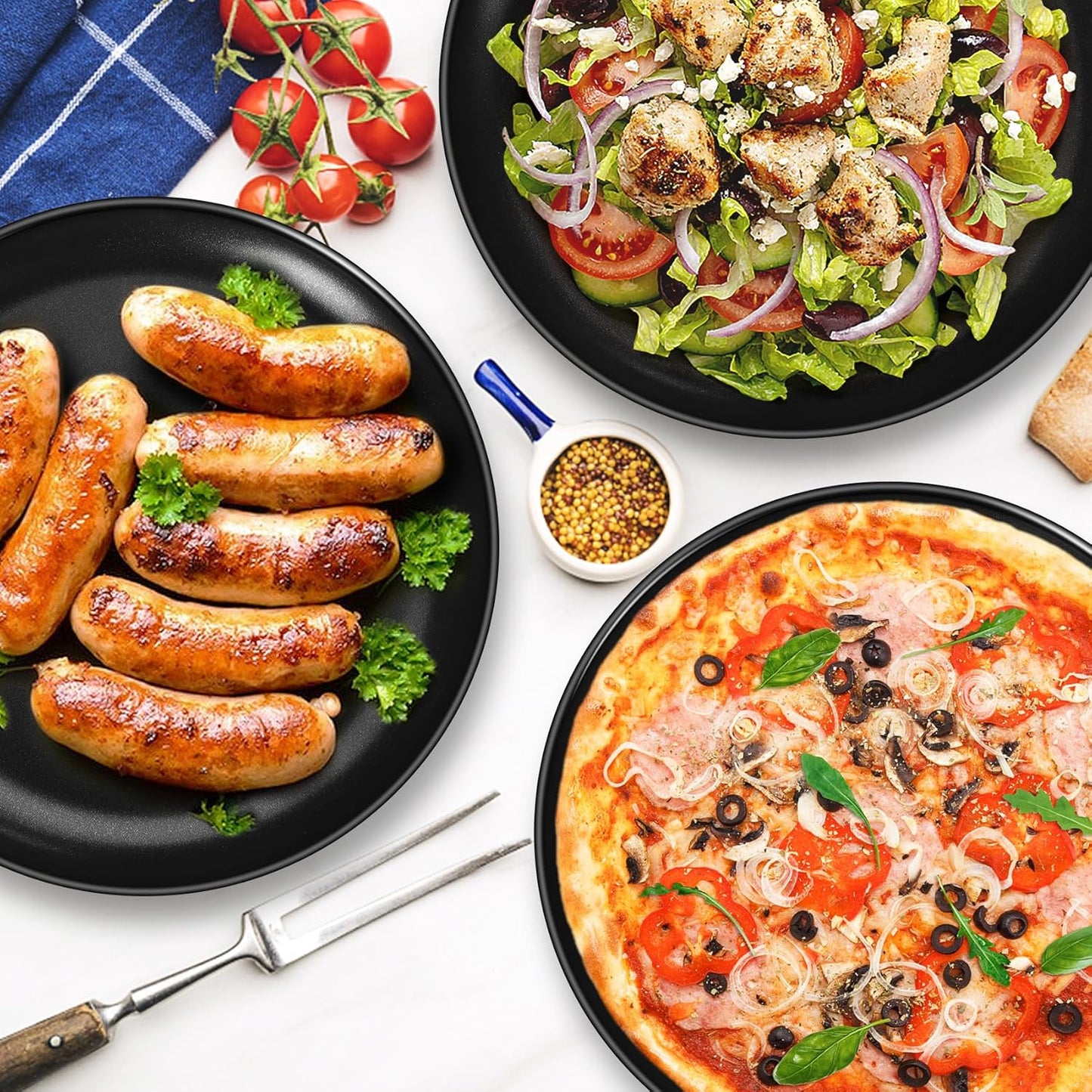 P&P CHEF 10 Inch Pizza Pan, 3 Pieces Stainless Steel Round Pizza Tray Dish Plate For Oven Baking Roasting, Healthy & Heavy Duty, Rust Free & Dishwasher Safe -Black