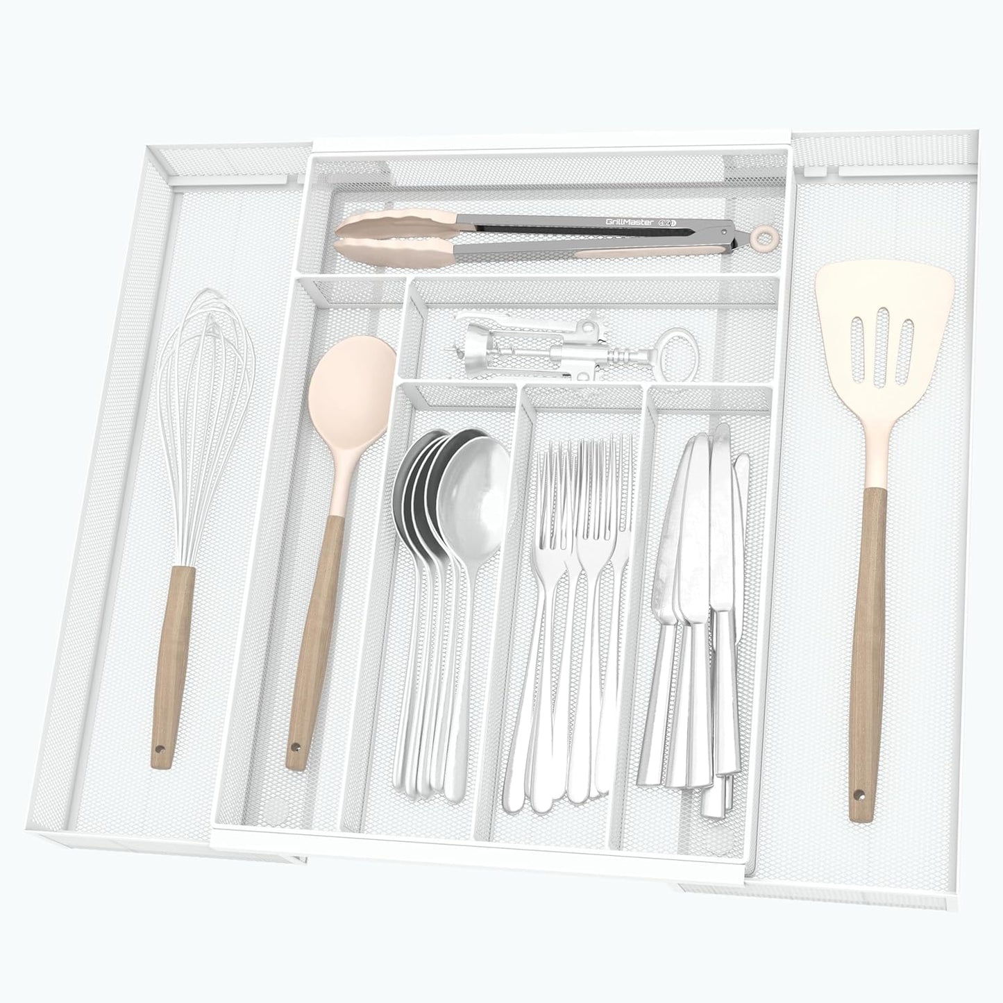 Silverware Organizer Metal Mesh, Large Drawer Organizer, Utensil Cutlery Tray for kitchen drawers, Expandable Flatware Organizer with 8 Compartment White 11.6"~20" x 17.3"